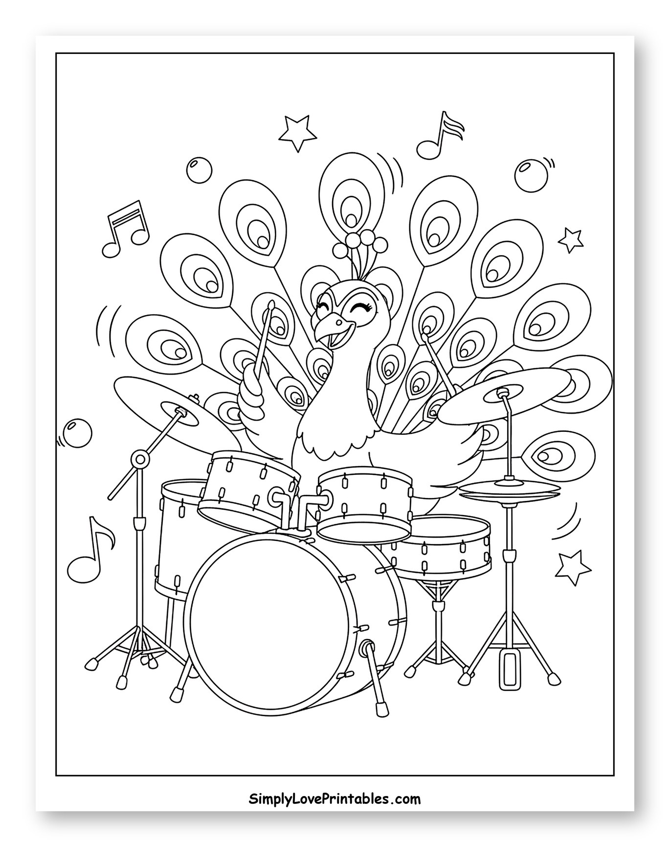 Happy Peacock Drummer with Feathers and Music
