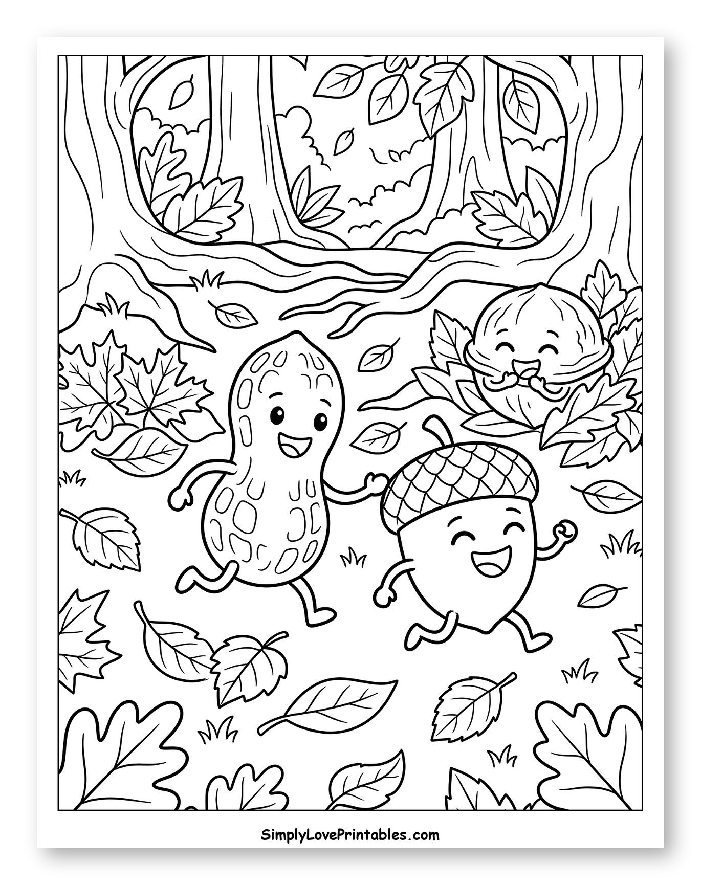 Happy Peanut and Acorn Running in Autumn Forest to Color for Kids