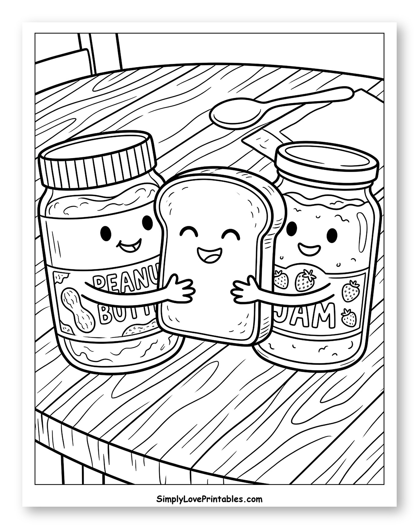 Happy Peanut Butter and Jam Hugging Toast Coloring Sheet for Kids