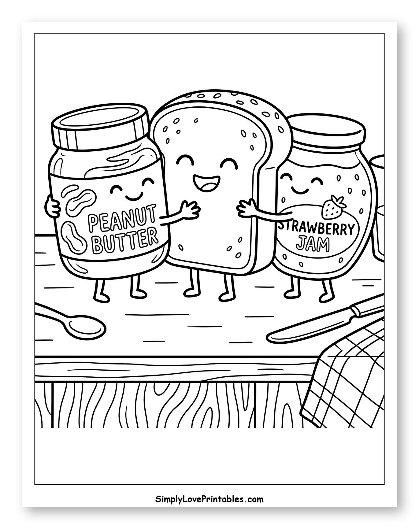Happy Peanut Butter, Bread, and Jam Trio Coloring Sheet for Kids