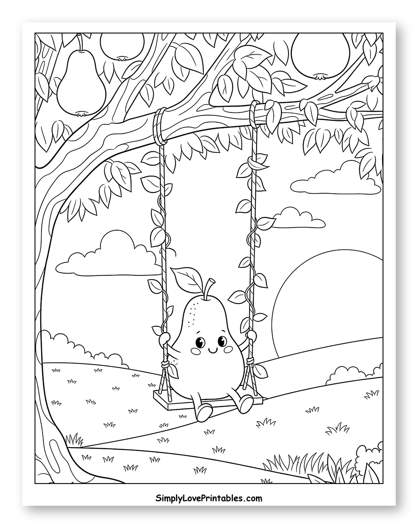 Happy Pear Swinging in an Orchard Coloring Sheet for Kids