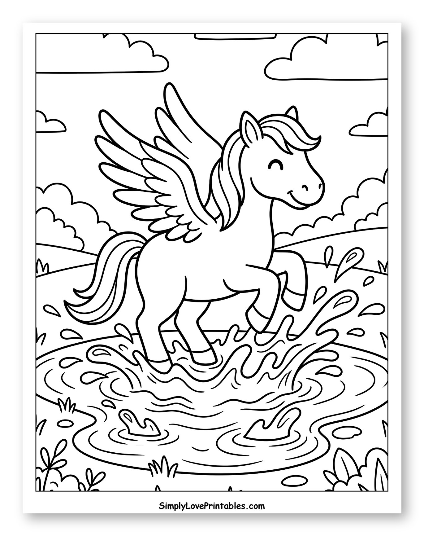 Happy Pegasus Splashing in a Puddle Coloring Page for Kids