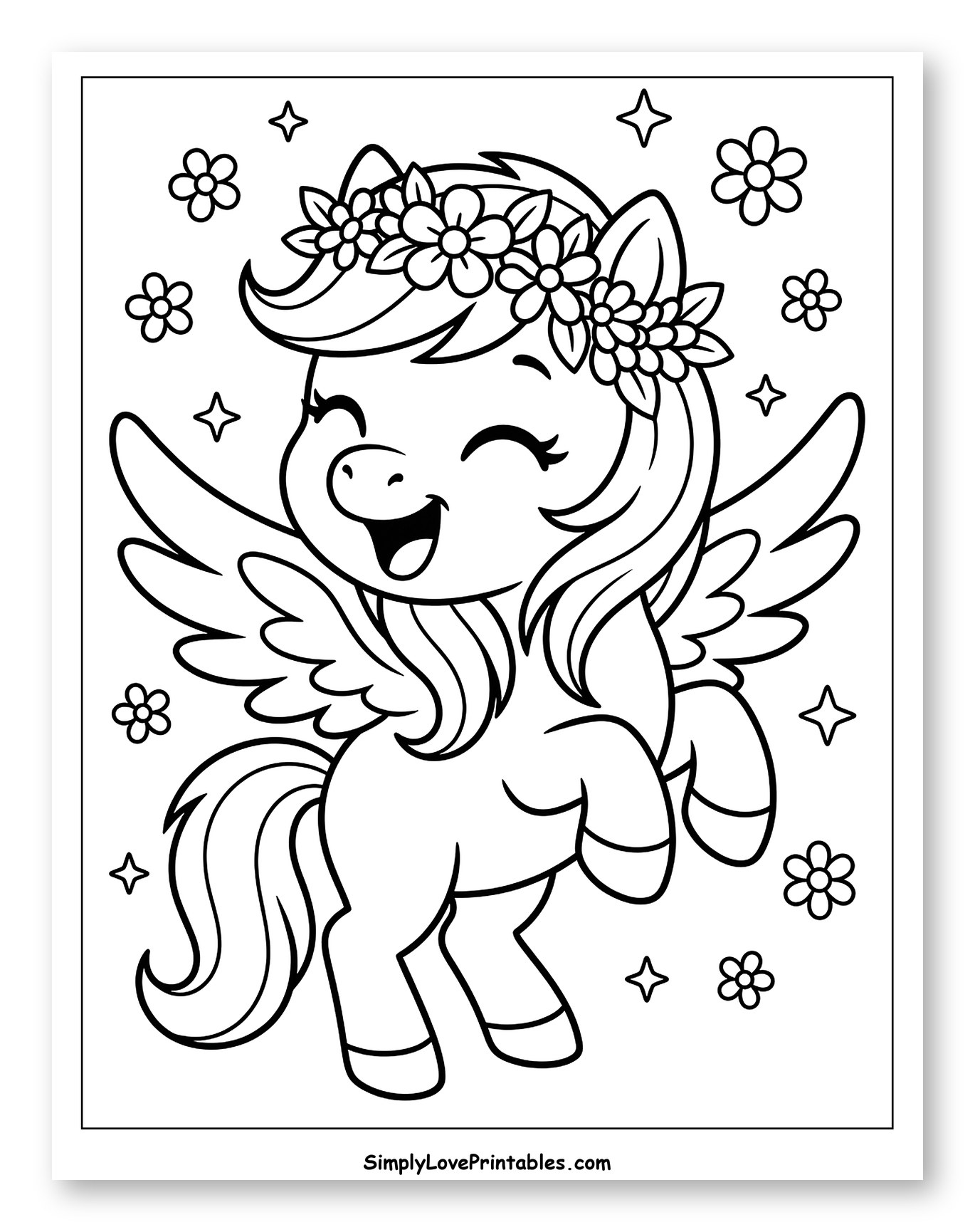 Happy Pegasus with Flower Crown and Wings