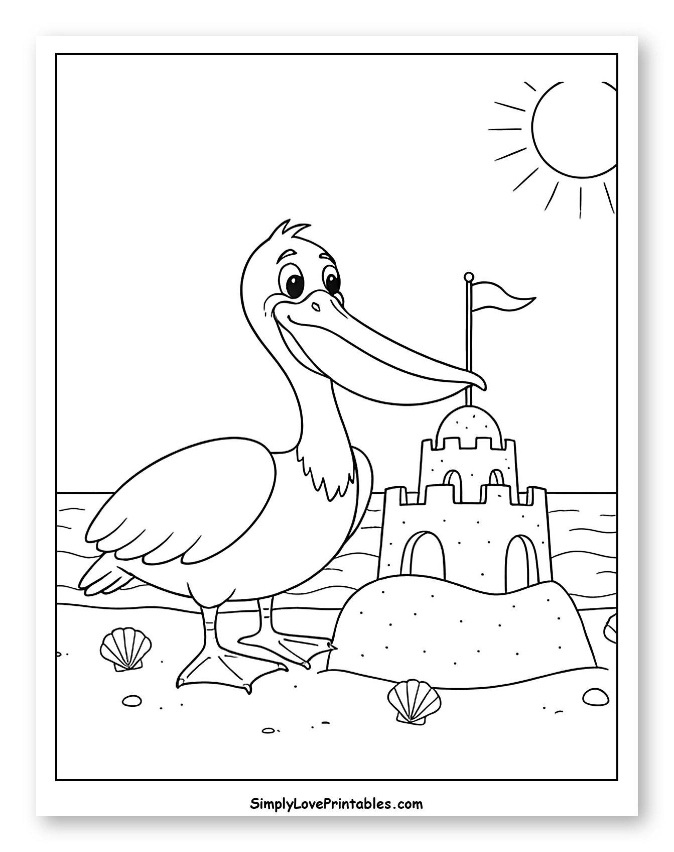 Happy Pelican and Sandcastle on the Beach