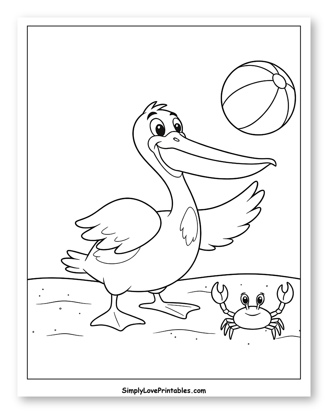 Happy Pelican, Beach Ball, and Smiling Crab