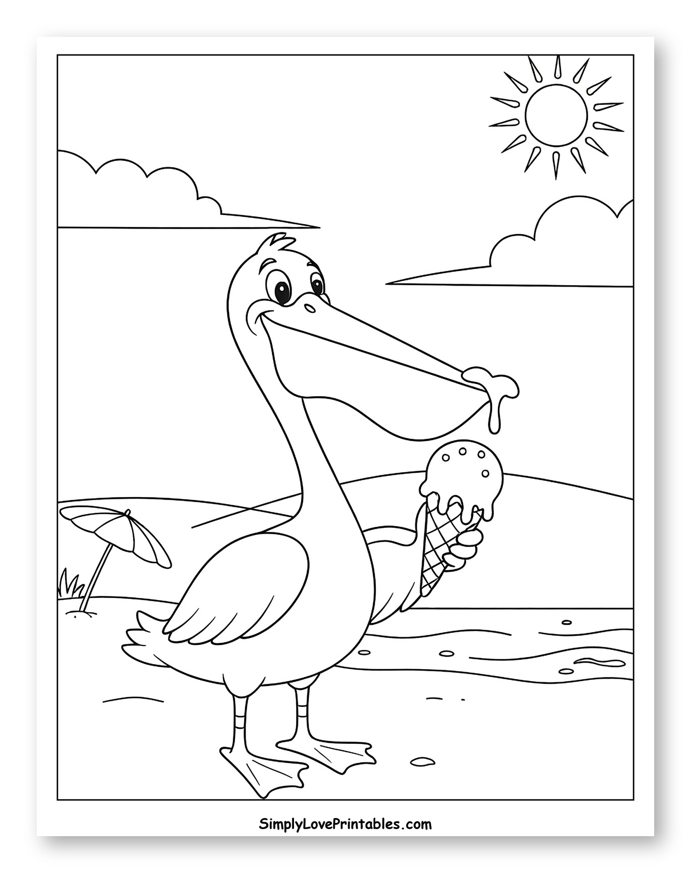 Happy Pelican Eating Ice Cream on Beach Coloring Sheet for Kids