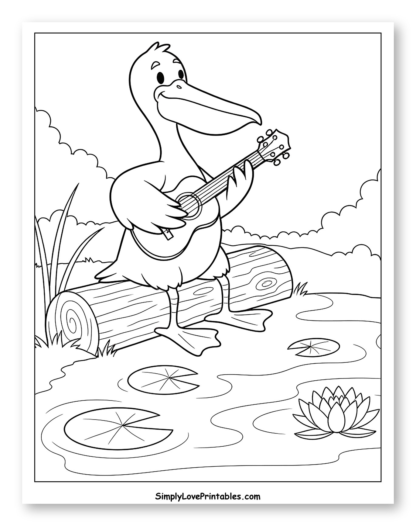 Happy Pelican Playing Ukulele on Log to Color for Kids