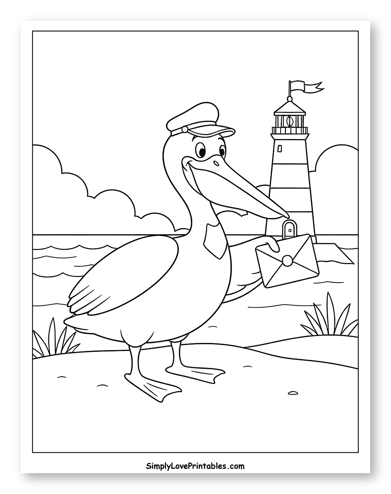 Happy Pelican Postman on a Beach