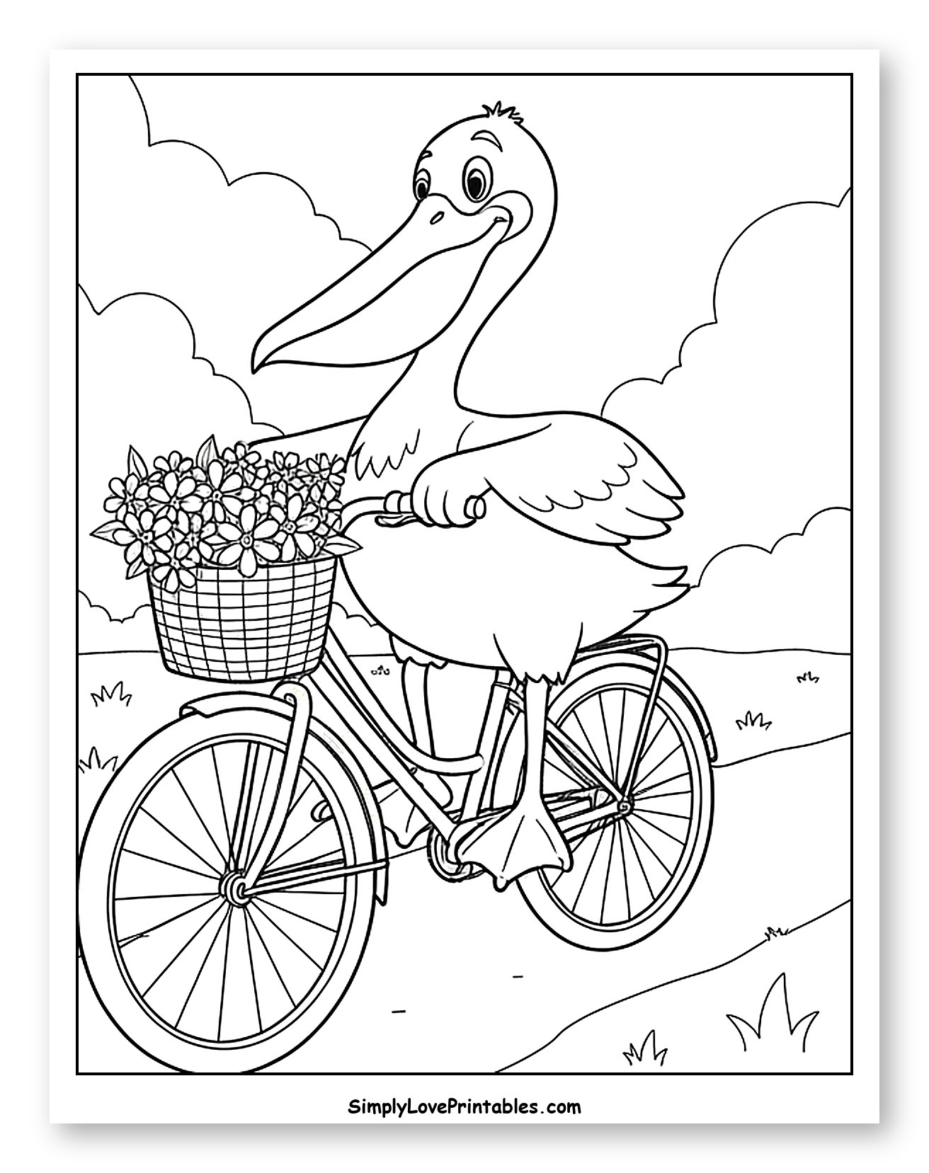 Happy Pelican Riding a Bicycle with Flowers