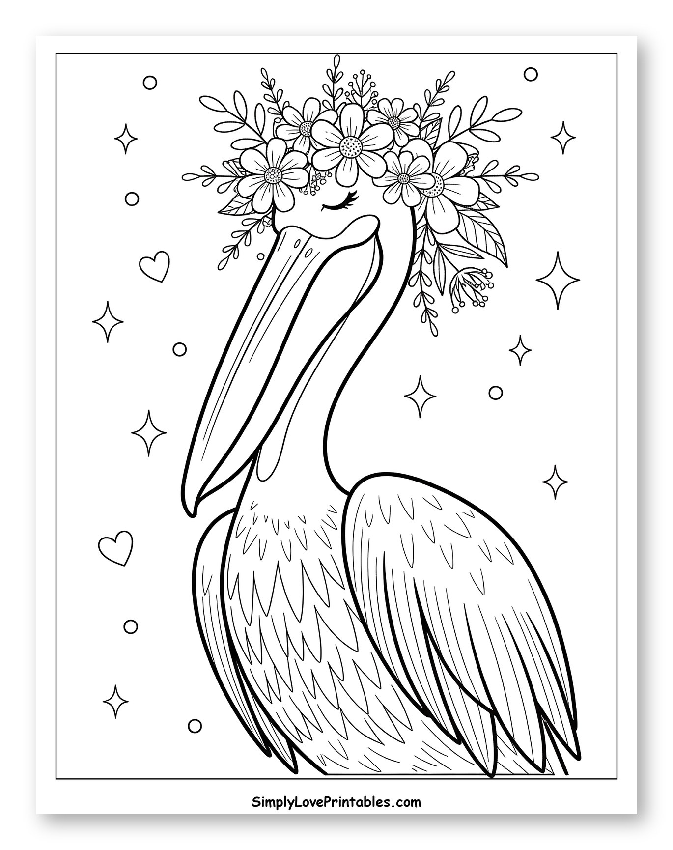 Happy Pelican with Flower Crown Coloring Page for Adults