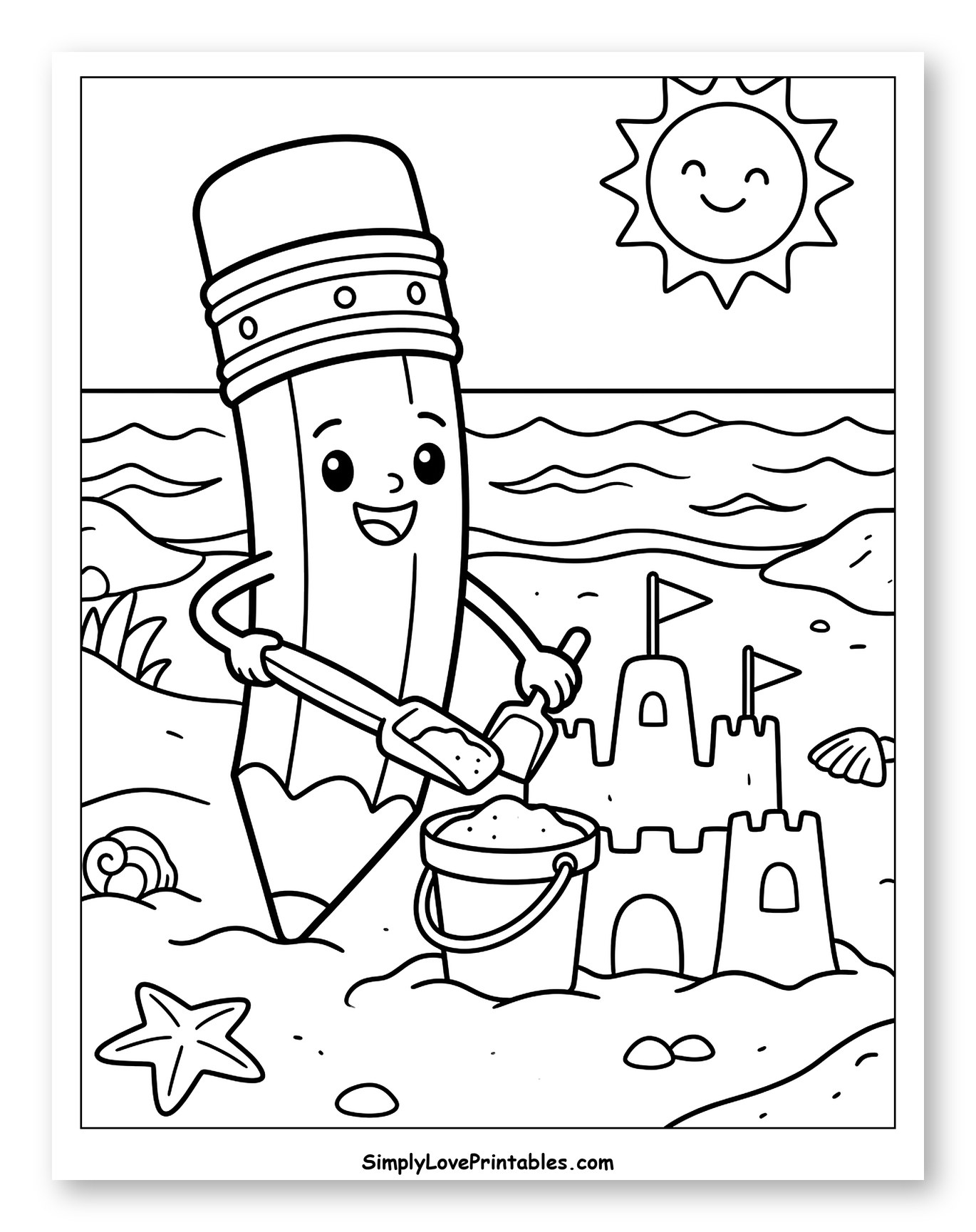 Happy Pencil Building a Sandcastle at the Beach to Color for Kids