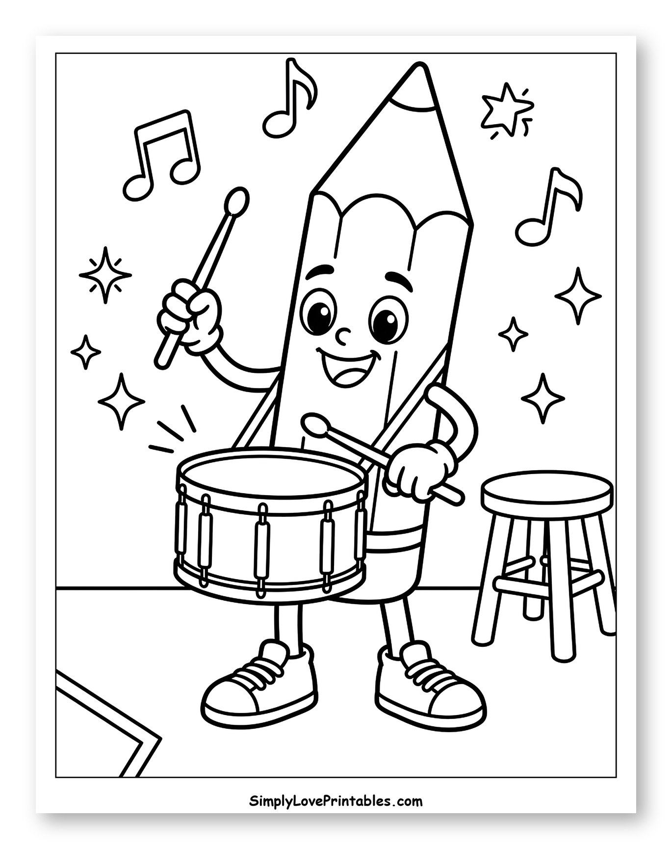 Happy Pencil Character Playing Drums Coloring Sheet for Kids