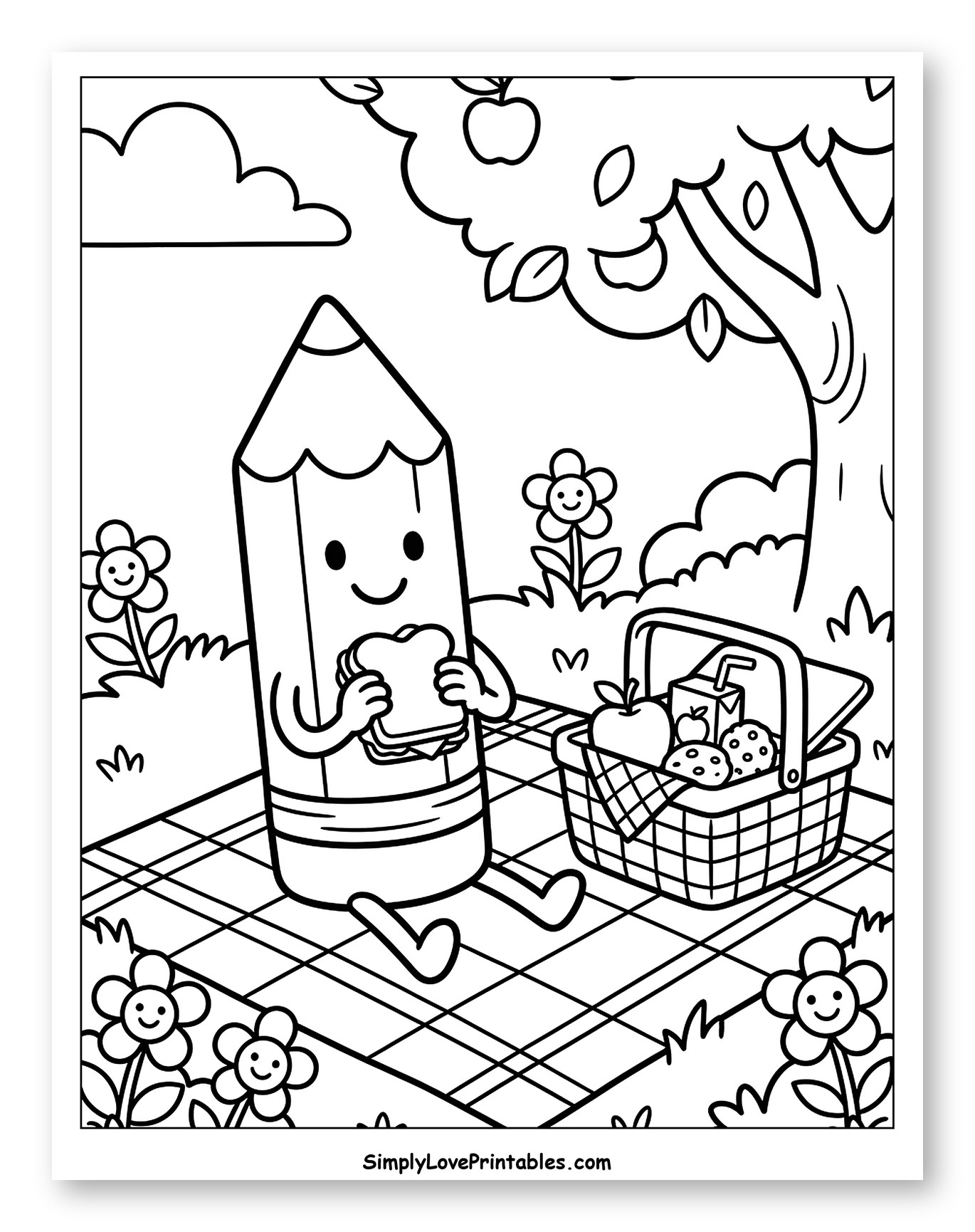 Happy Pencil Eating Sandwich at Picnic to Color for Kids