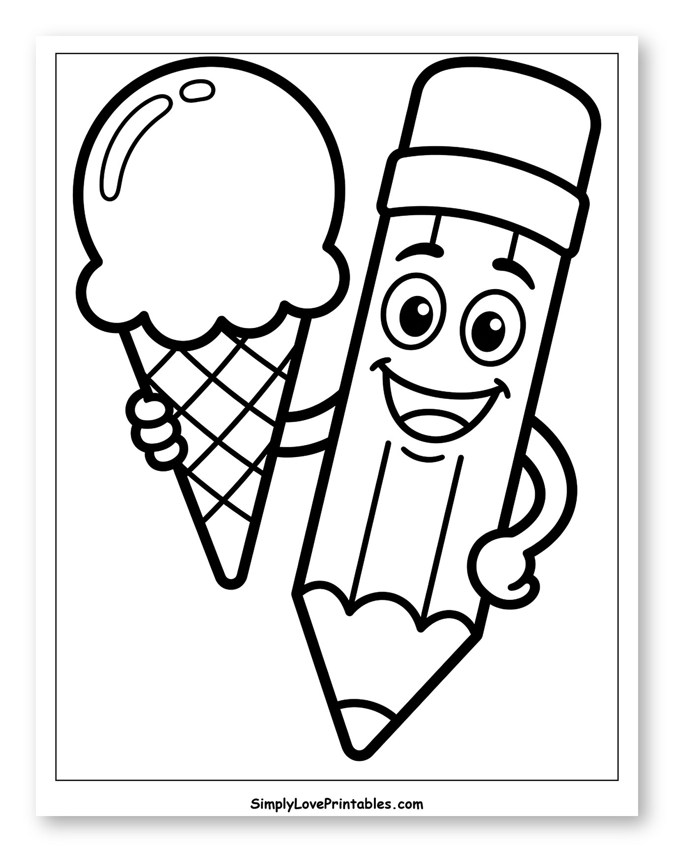 Happy Pencil Holding Ice Cream Cone Coloring Sheet for Toddlers
