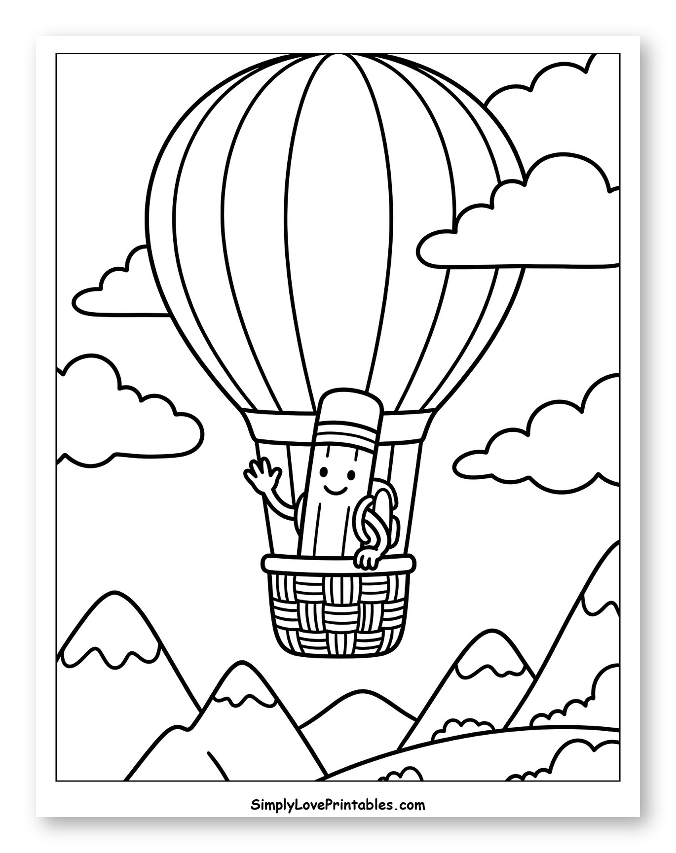 Happy Pencil in Hot Air Balloon with Mountains to Color for Kids