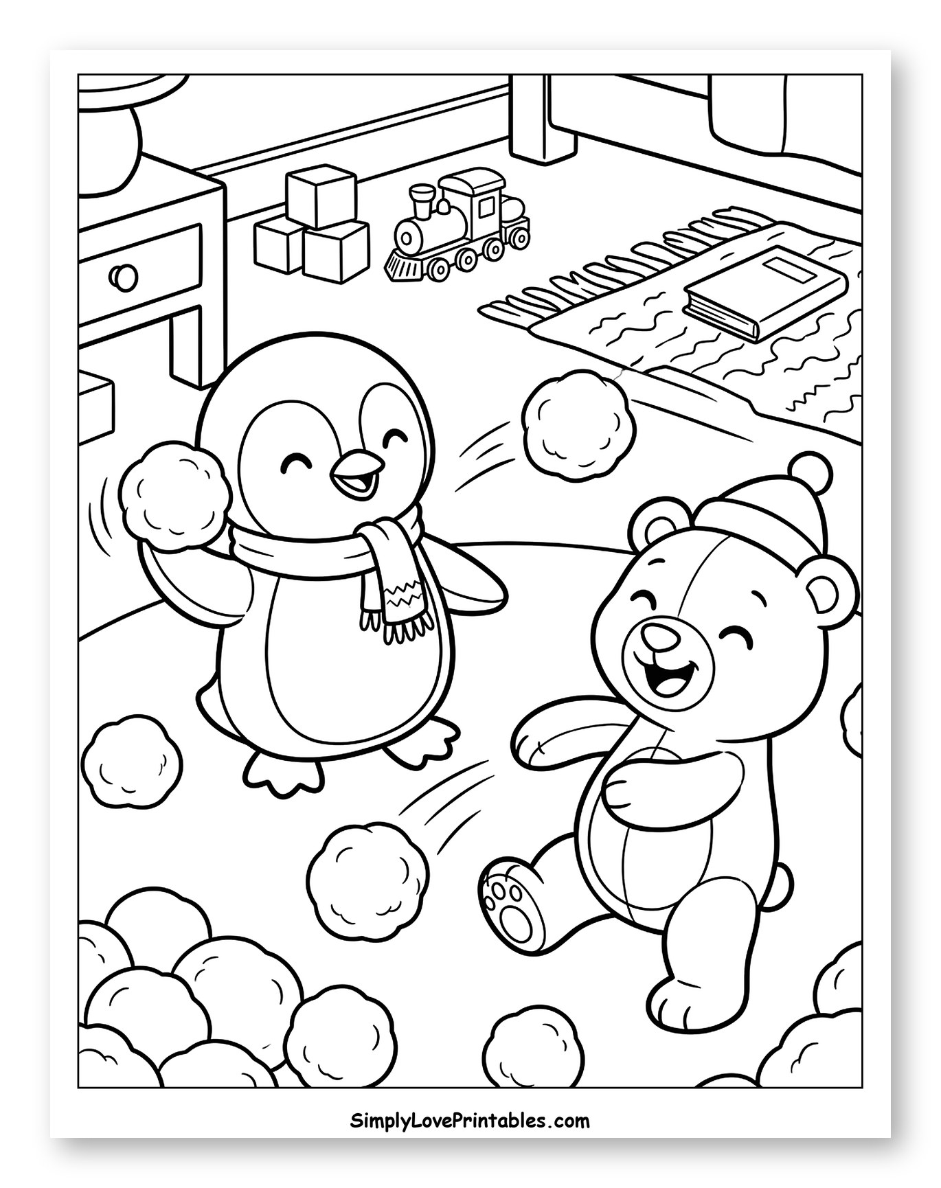 Happy Penguin and Bear Indoor Snowball Fight