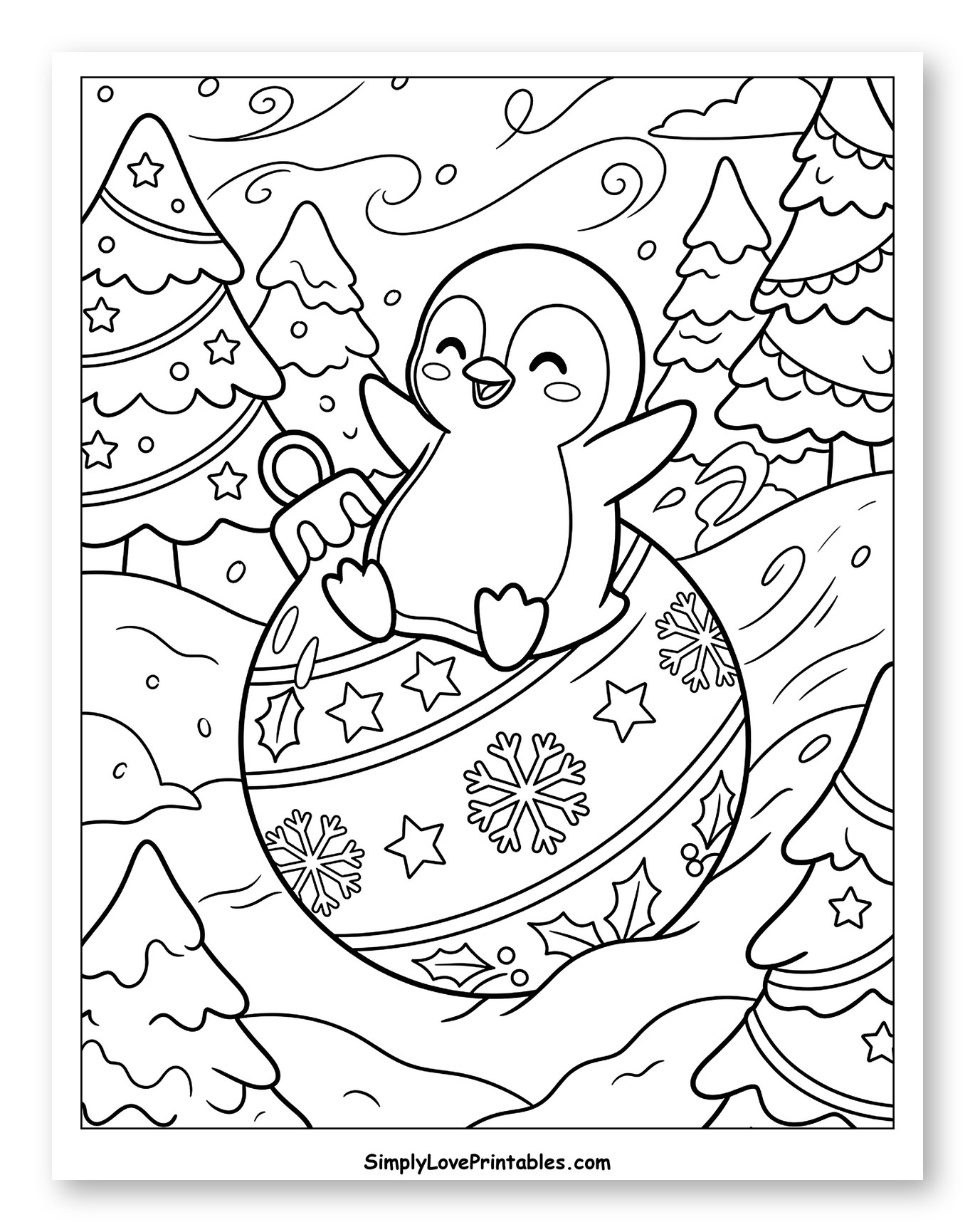 Happy Penguin Riding a Giant Christmas Ornament Coloring Sheet for Kids