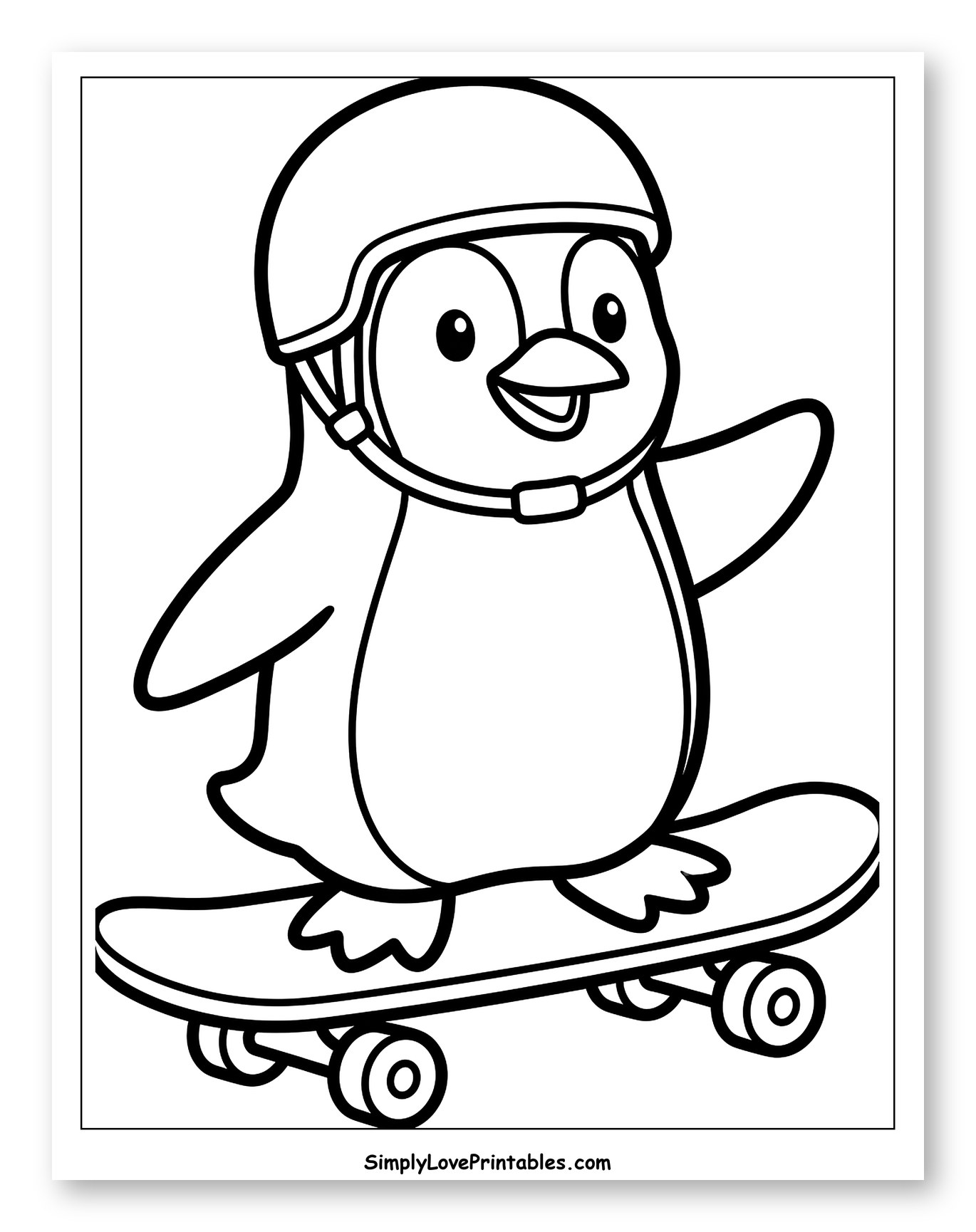 Happy Penguin Riding Skateboard with Helmet Coloring Sheet for Toddlers