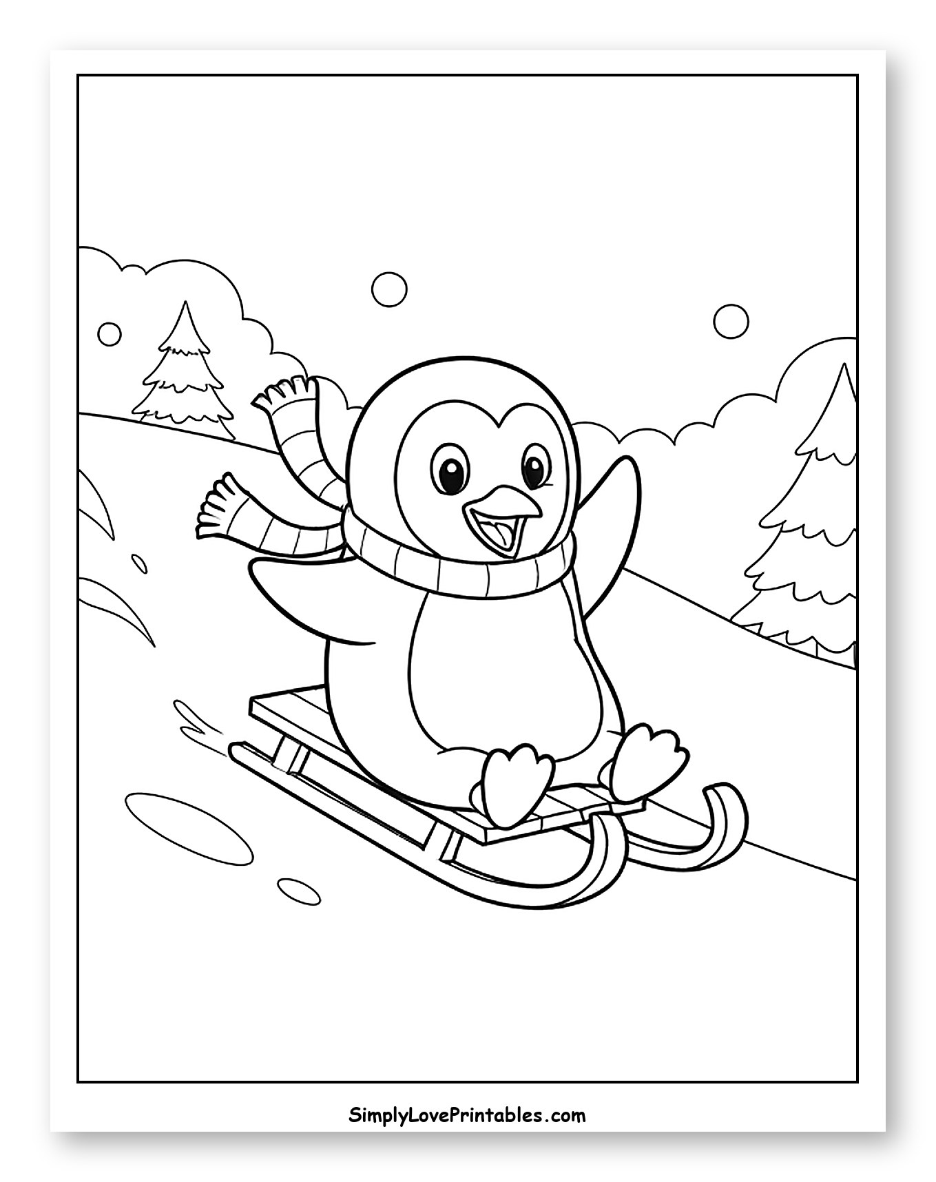 Happy Penguin Sledding Down a Snowy Hill Coloring Sheet for Kids