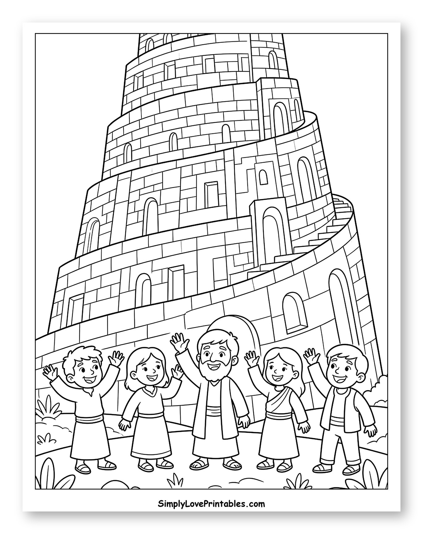 Happy People Waving by the Tower of Babel