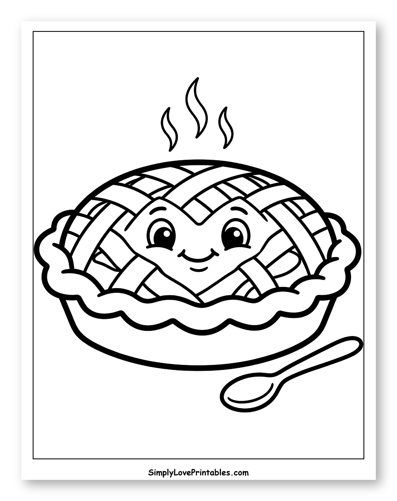Happy Pie with Steaming Lattice Crust and Spoon Coloring Page for Toddlers