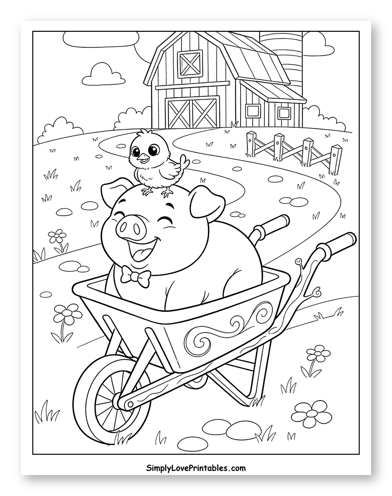 Happy Pig and Chick in Wheelbarrow on a Farm Coloring Page for Kids