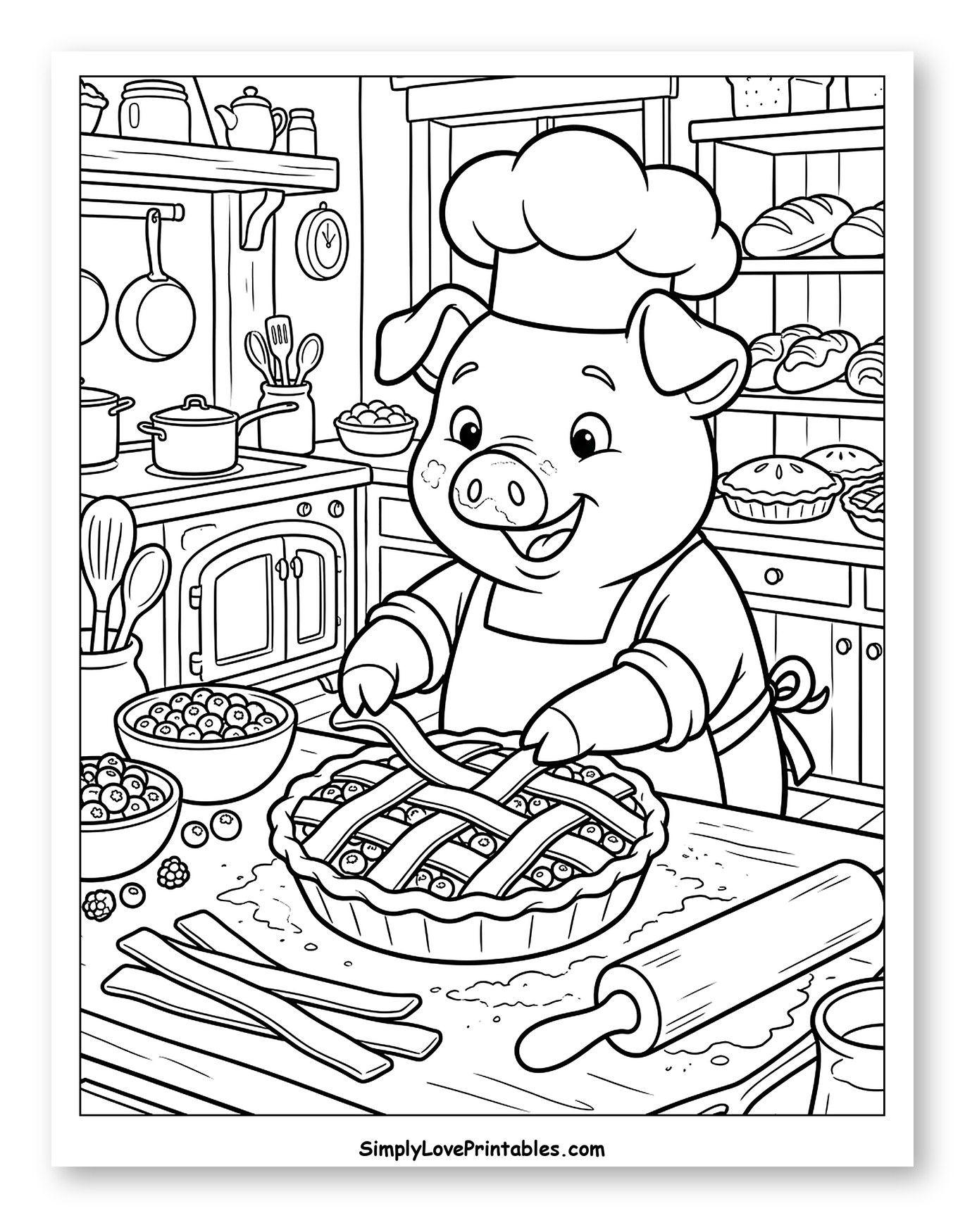 Happy Pig Chef Making a Berry Pie Coloring Page for Kids