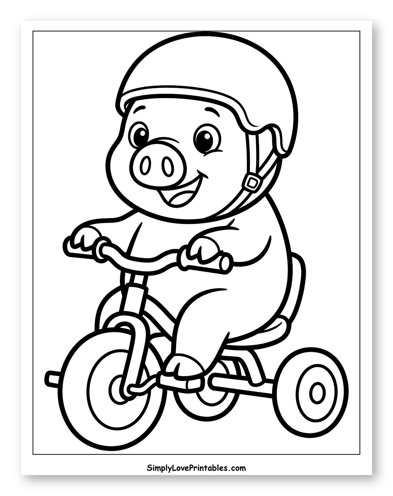 Happy Pig in Helmet Riding Tricycle Coloring Sheet for Toddlers