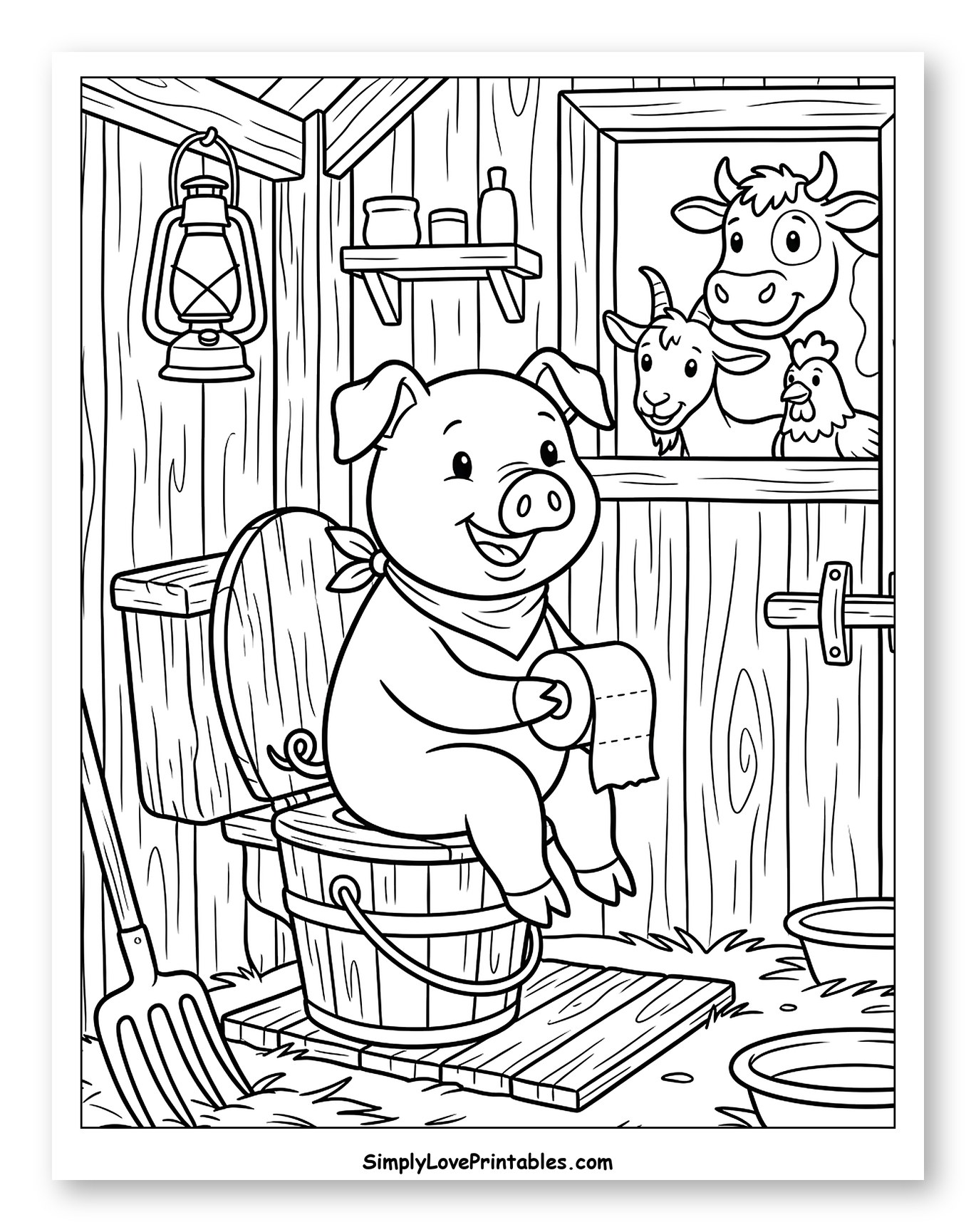 Happy Pig Using Toilet with Curious Farm Friends