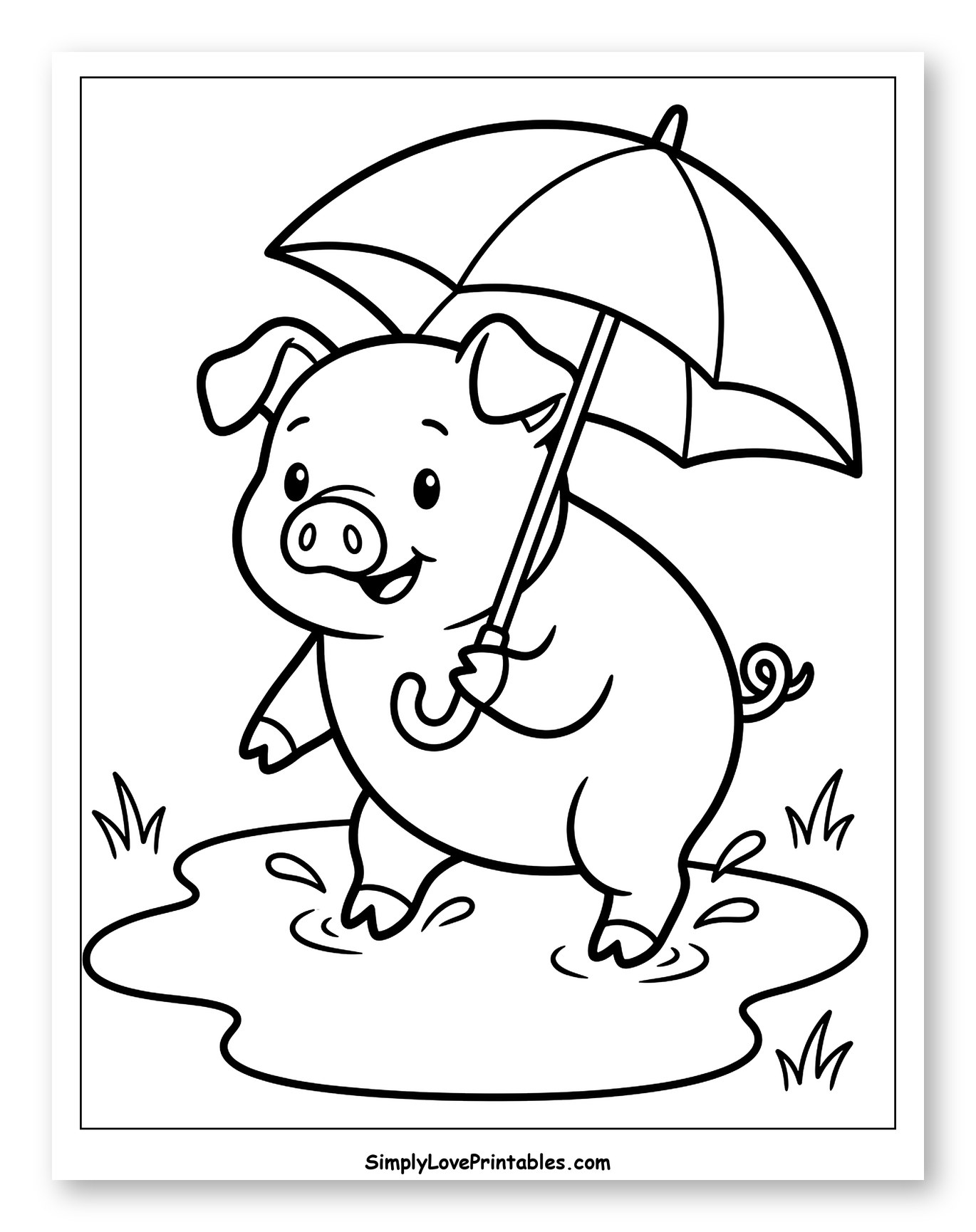 Happy Pig with Umbrella in Puddle Coloring Sheet for Toddlers