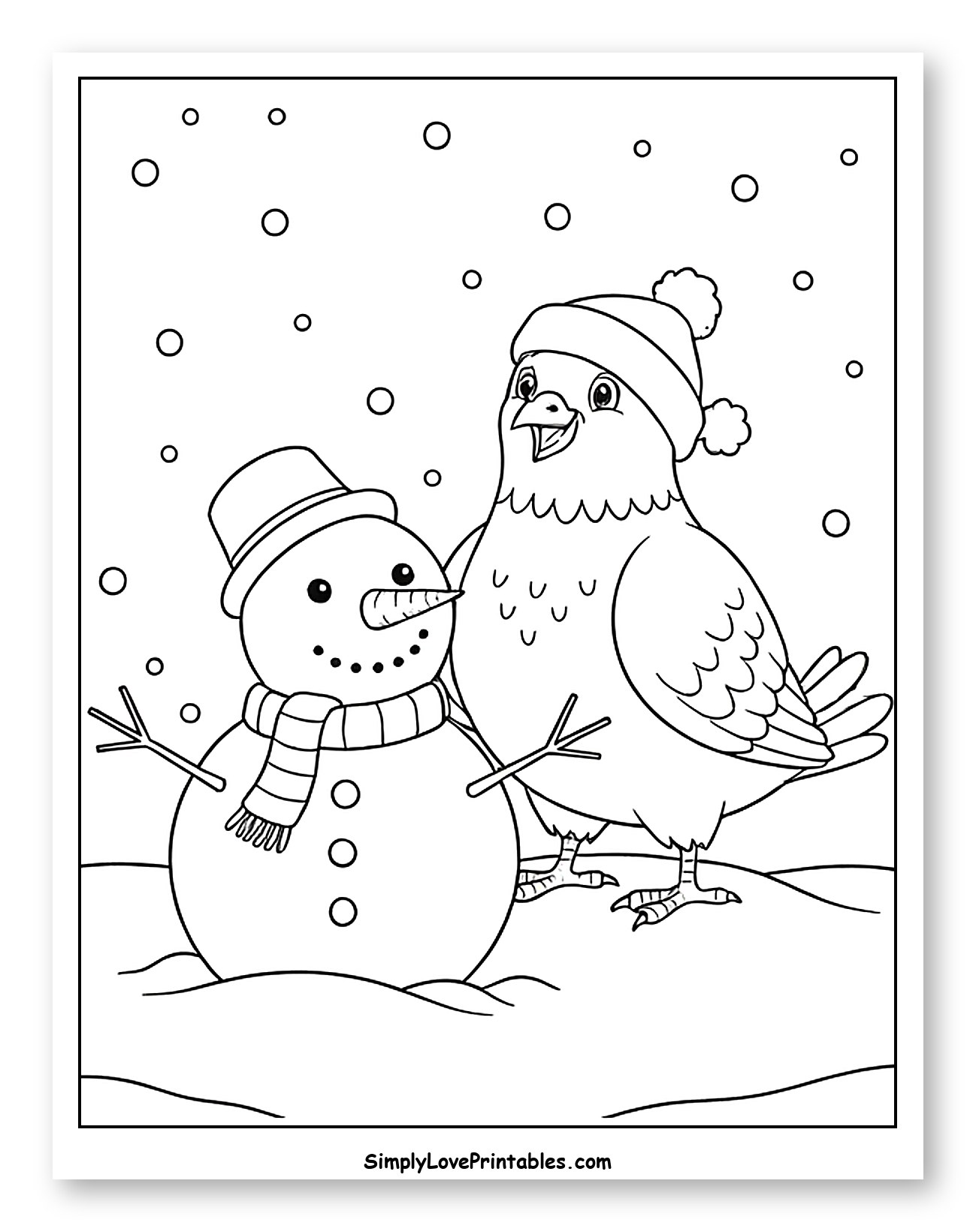 Happy Pigeon and Snowman with Falling Snow