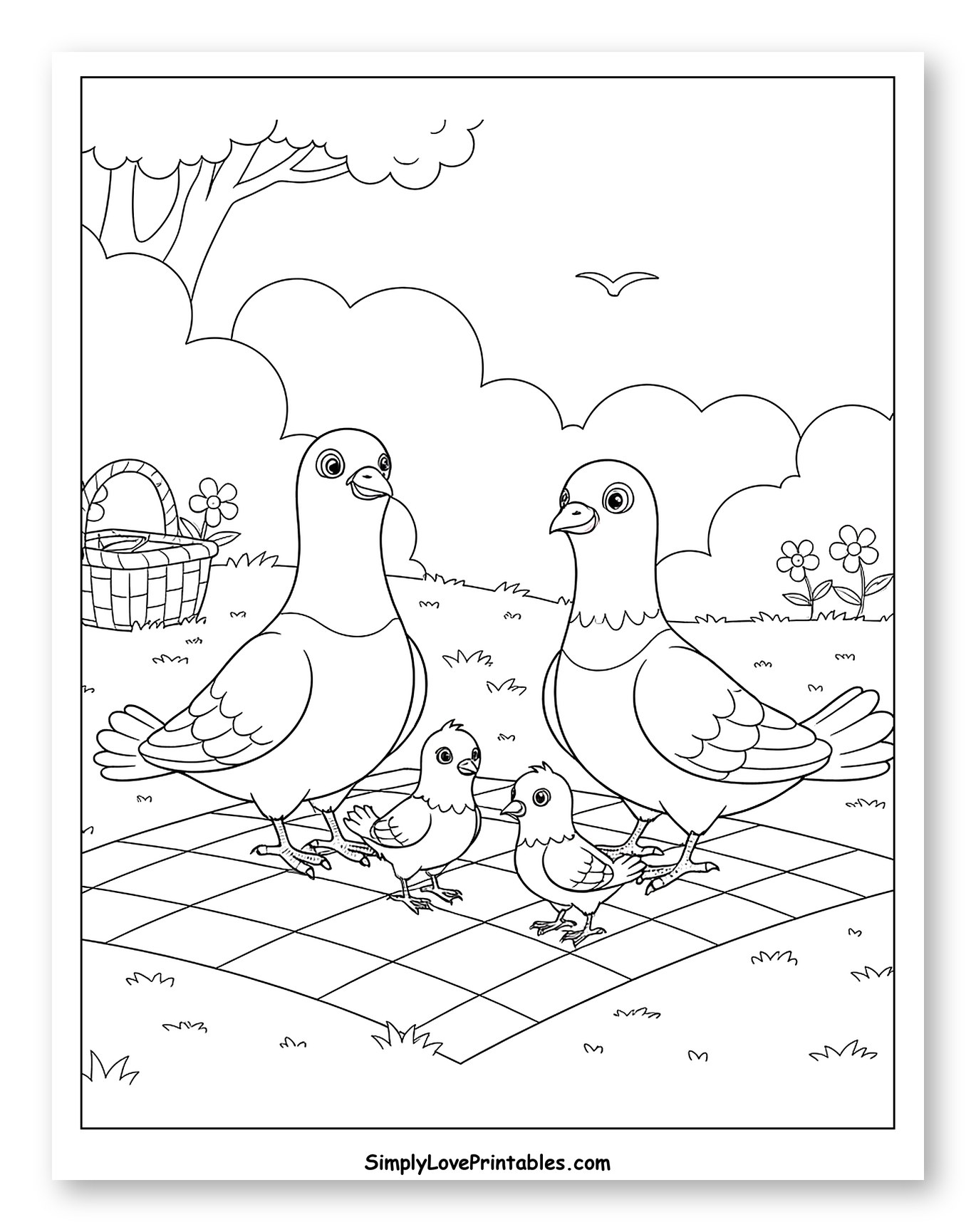 Happy Pigeon Family on a Picnic Blanket Coloring Sheet for Kids