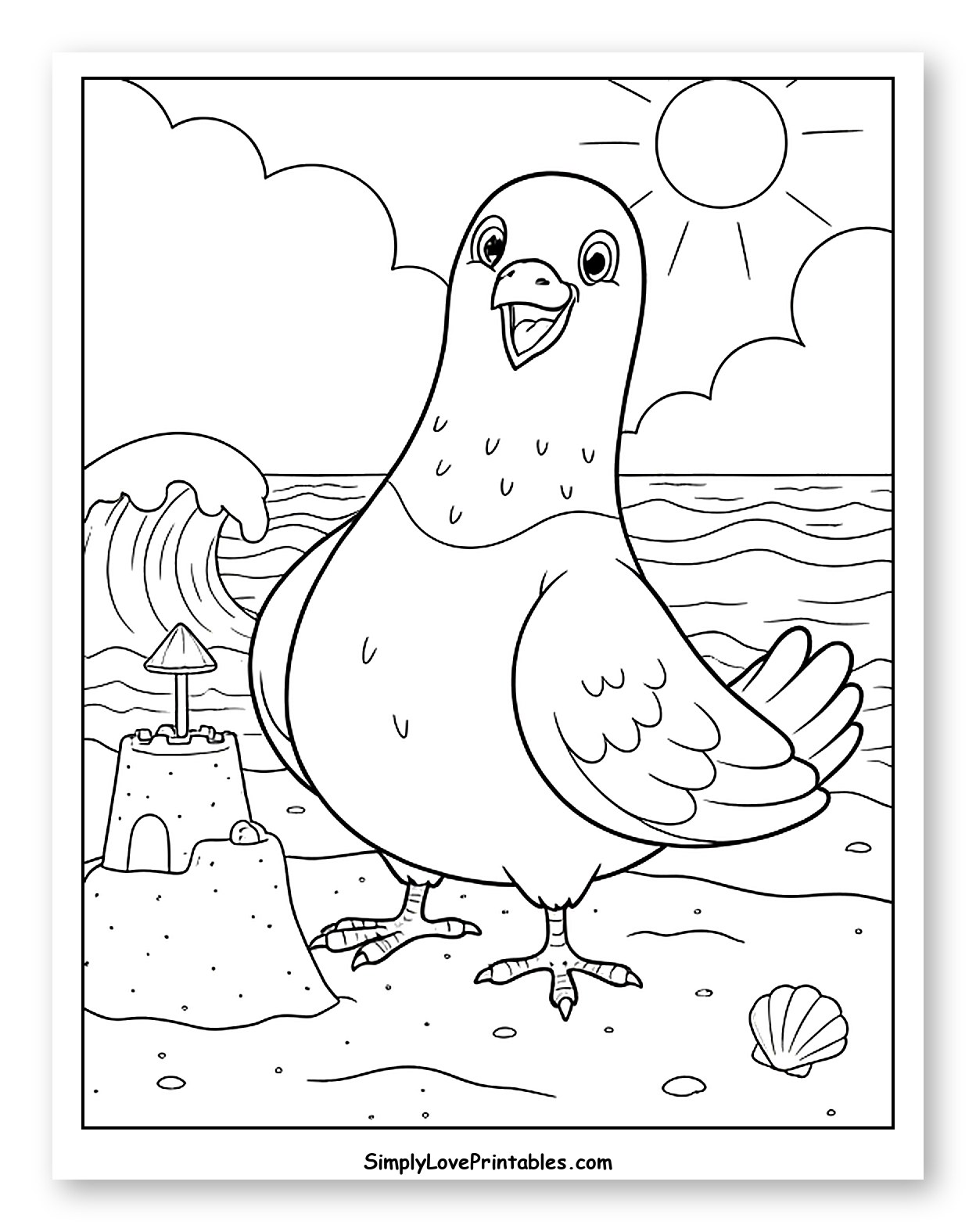 Happy Pigeon on a Sunny Beach to Color for Kids