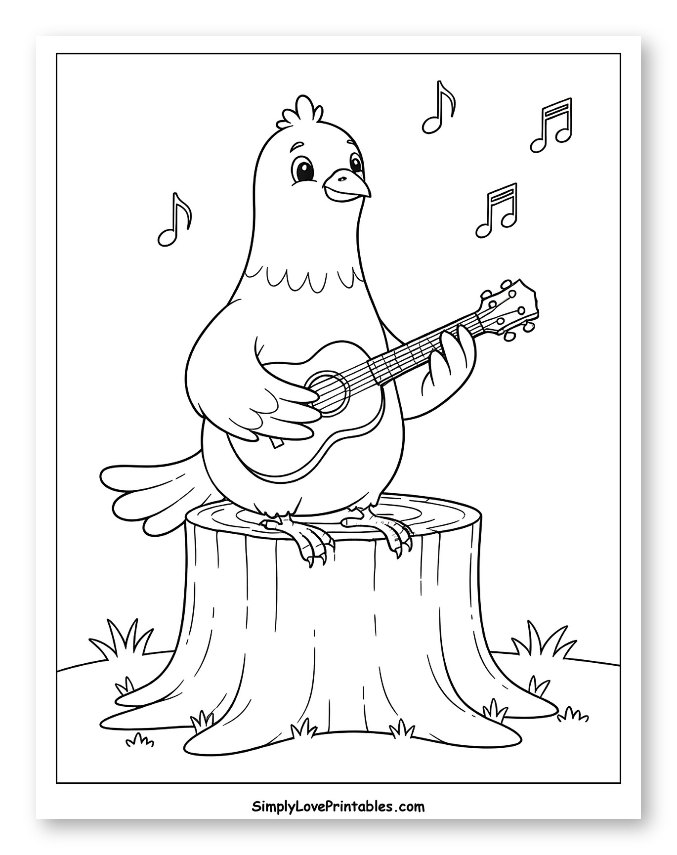 Happy Pigeon Playing Ukulele on Tree Stump