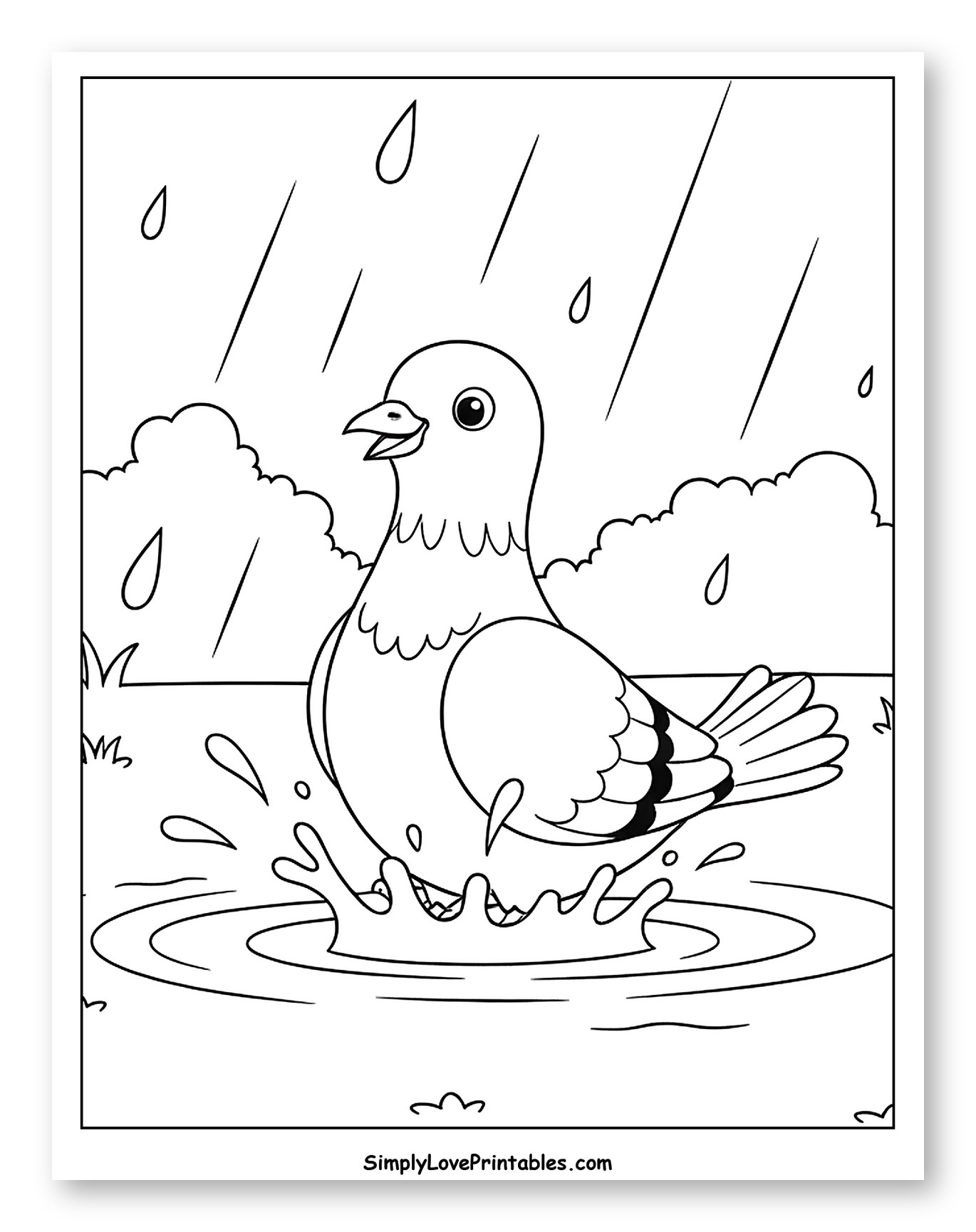 Happy Pigeon Splashing in Rain Puddle Coloring Page for Kids