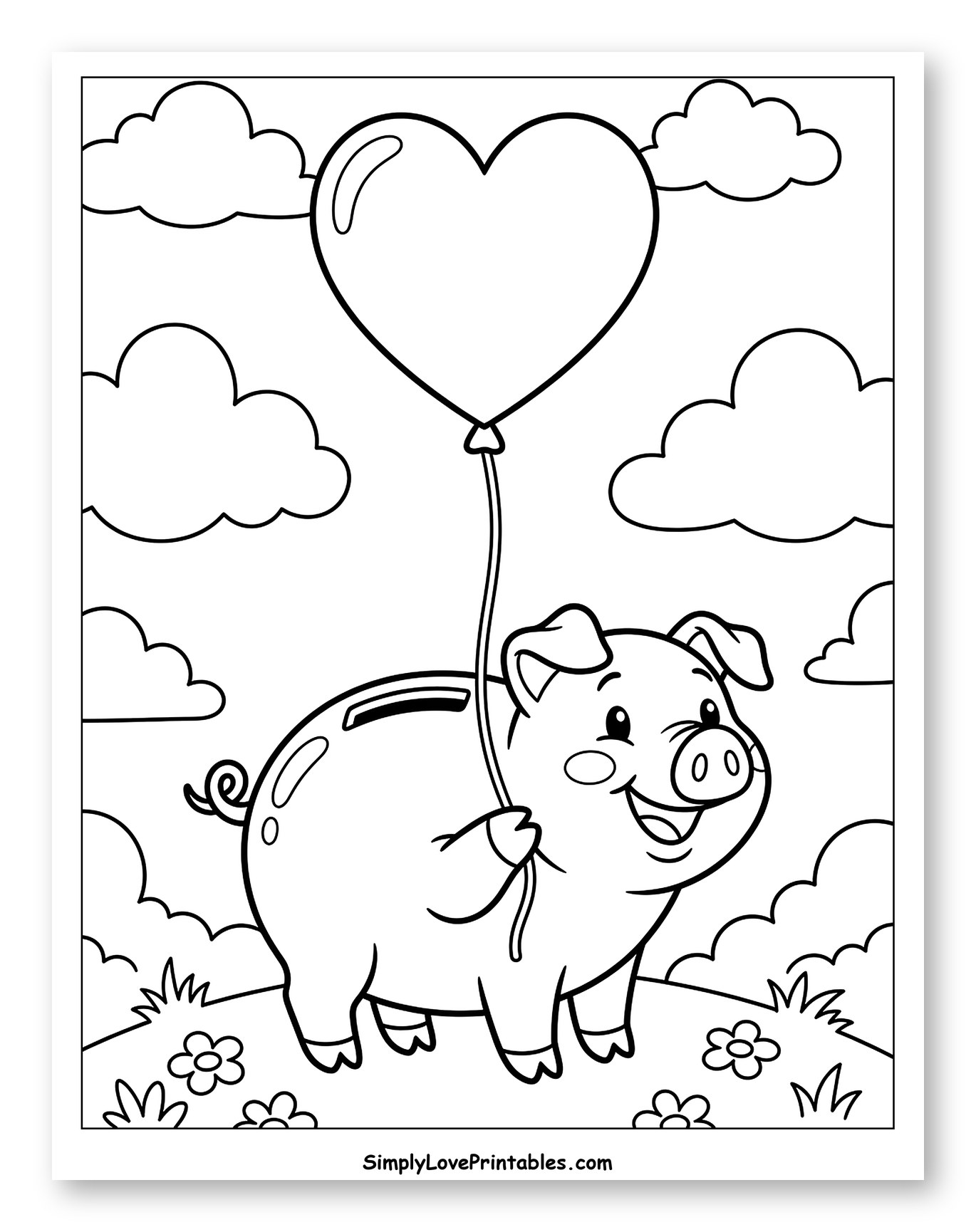 Happy Piggy Bank Holding a Heart Balloon