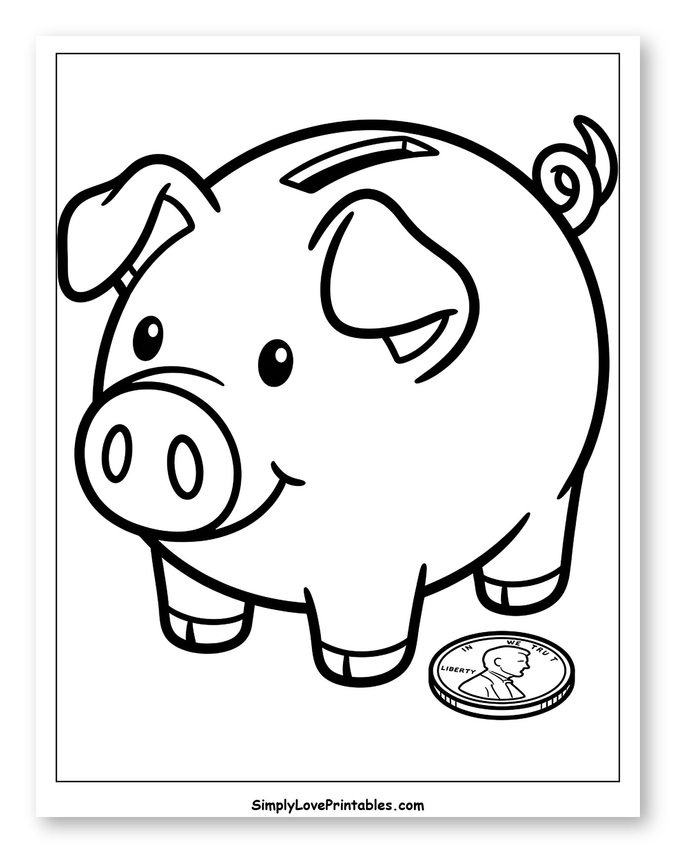 Happy Piggy Bank with a Coin Coloring Sheet for Toddlers