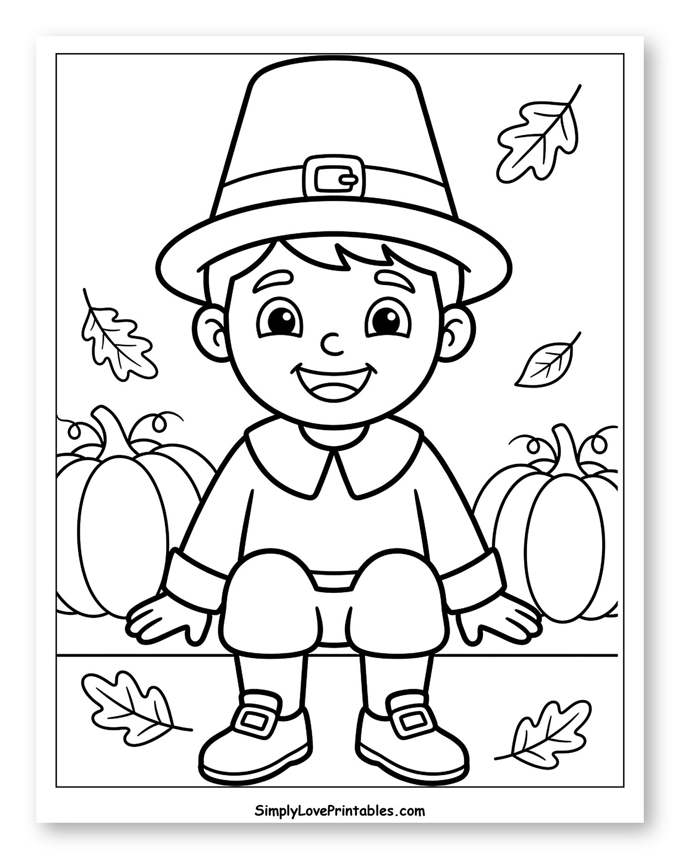 Happy Pilgrim Boy Sitting with Pumpkins