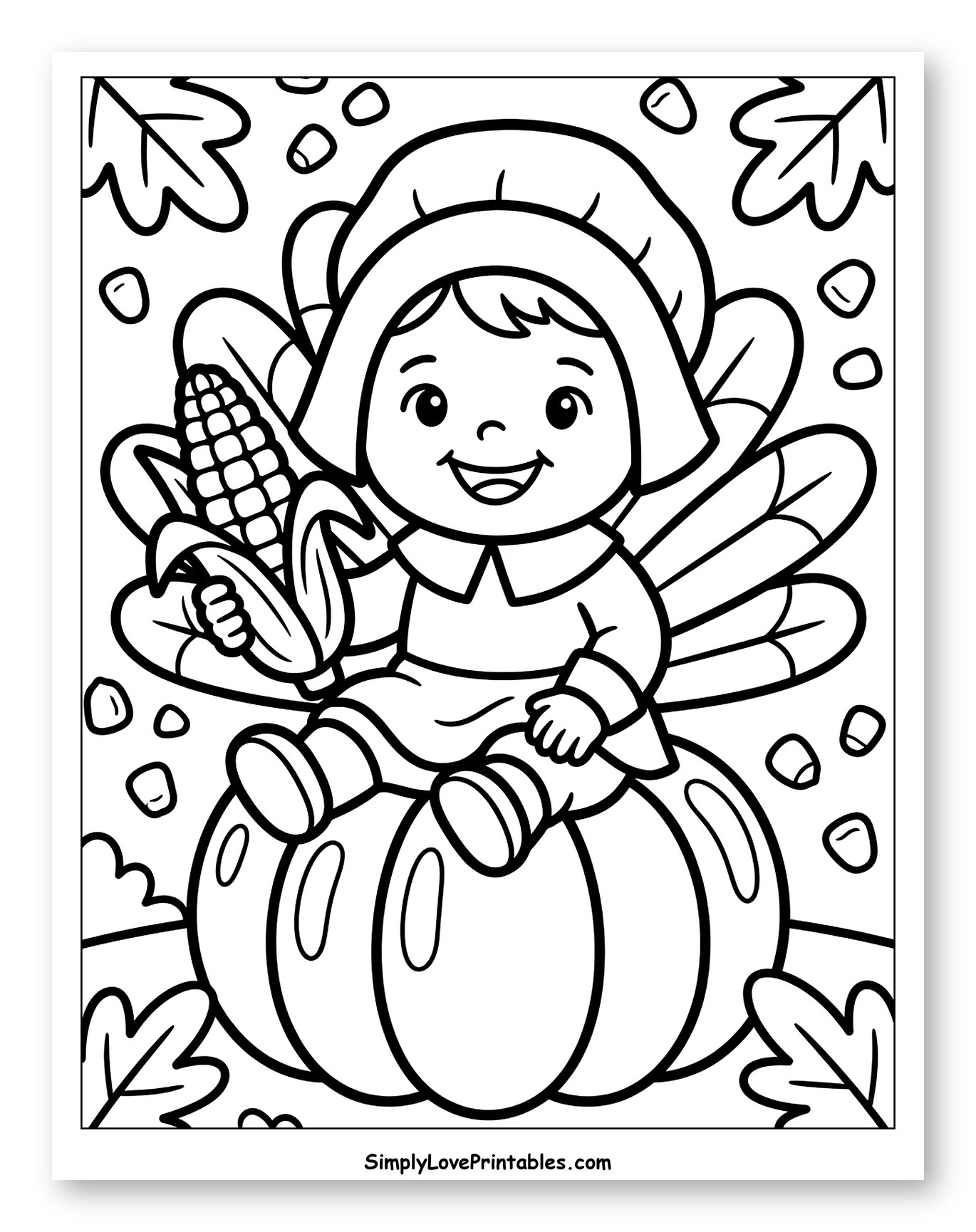 Happy Pilgrim Child Sitting on Pumpkin with Corn