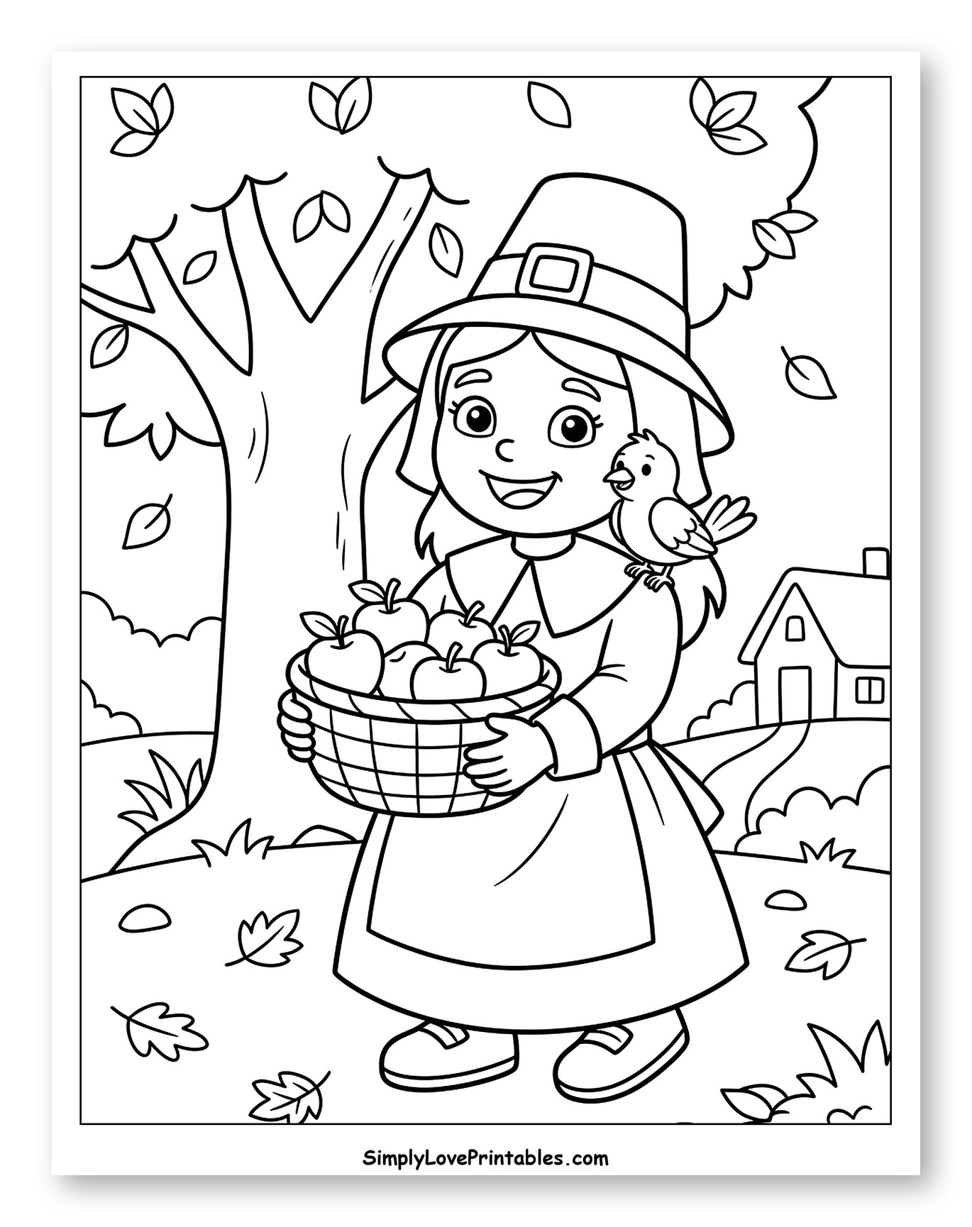 Happy Pilgrim Girl with Basket of Apples Coloring Page for Kids