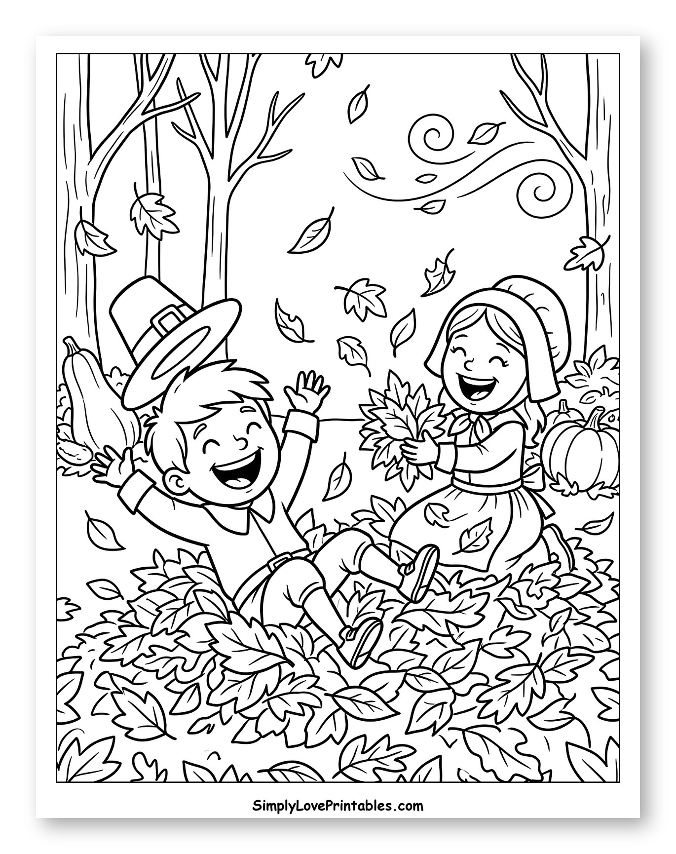 Happy Pilgrim Kids Playing in Fall Leaves to Color for Kids
