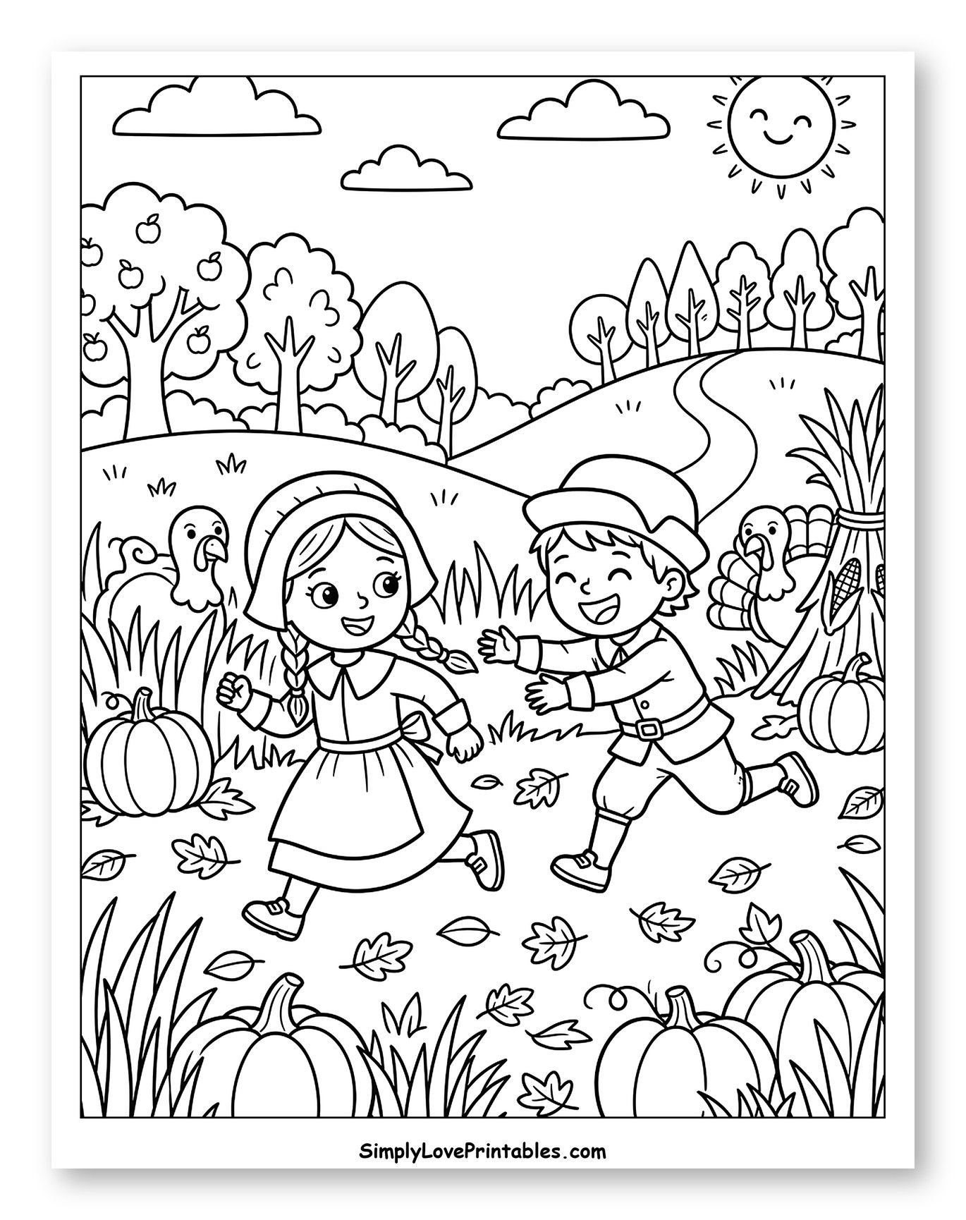 Happy Pilgrim Kids Playing Outdoors Coloring Page for Kids