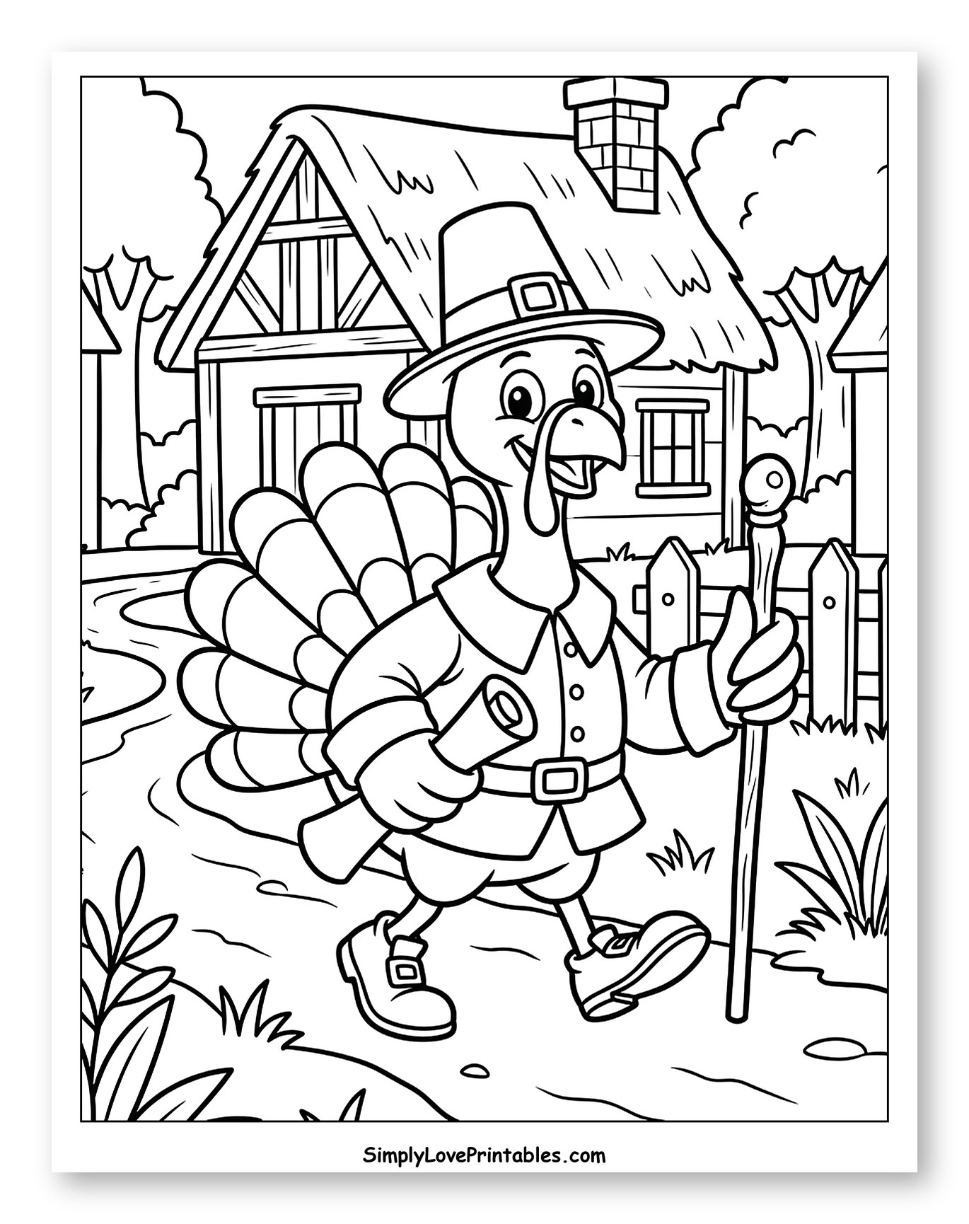 Happy Pilgrim Turkey Walking Through Village to Color for Kids