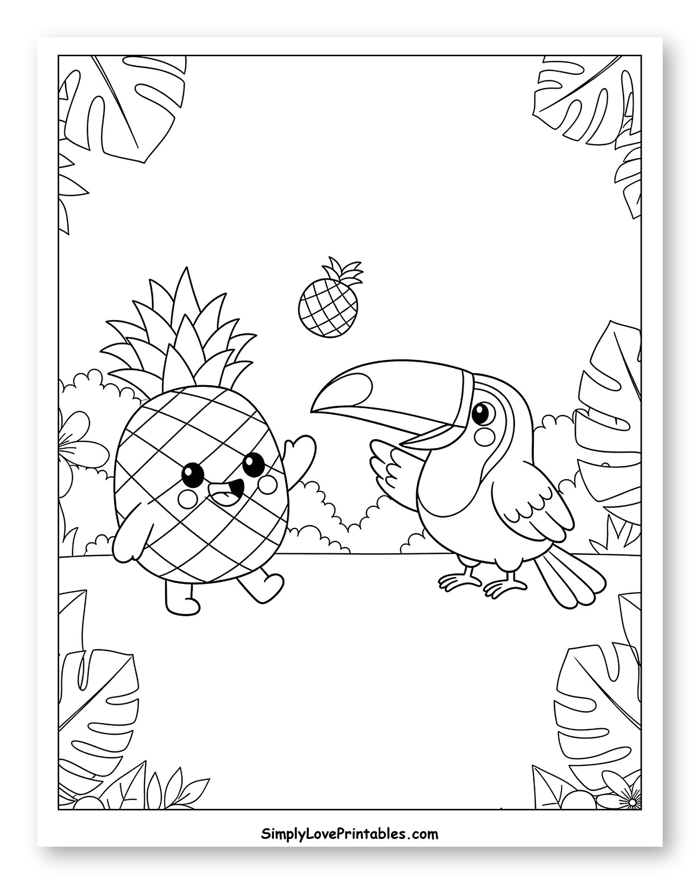 Happy Pineapple and Toucan in Tropical Jungle Coloring Sheet for Kids