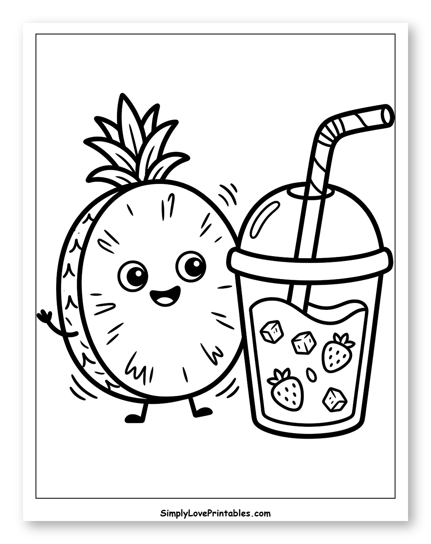 Happy Pineapple with Strawberry Smoothie to Color for Toddlers