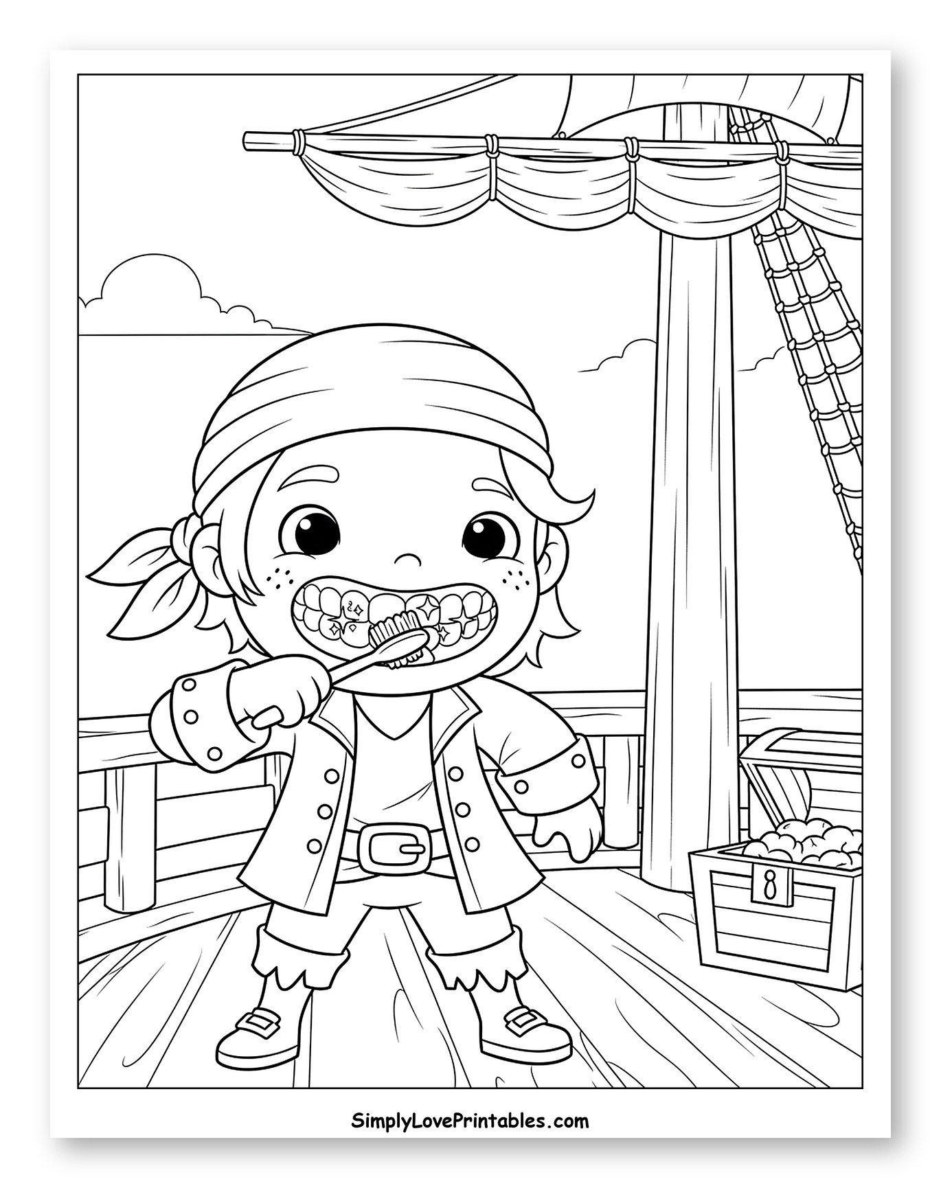 Happy Pirate Brushing Teeth on Ship Coloring Sheet for Kids