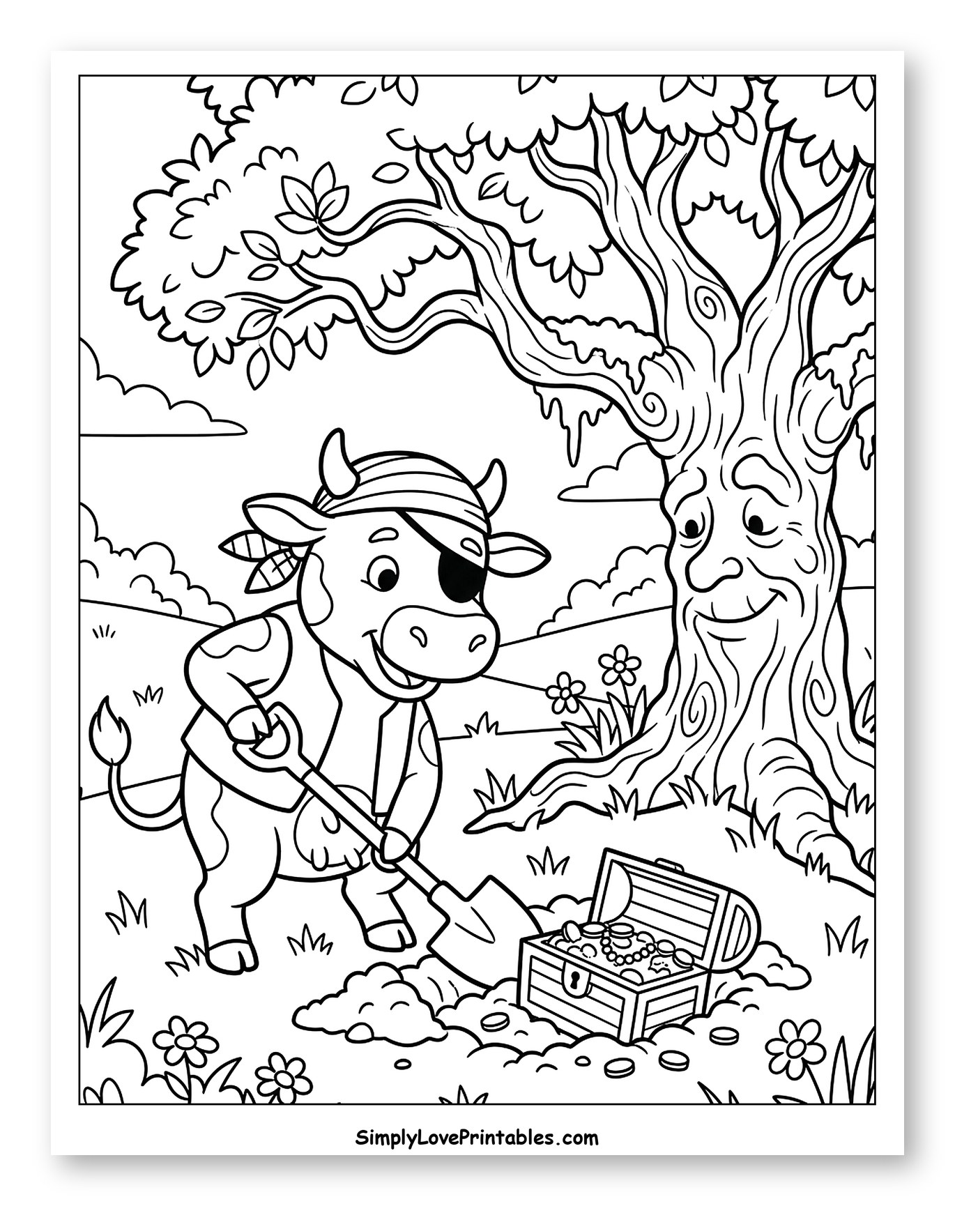 Happy Pirate Cow Unearths Treasure Chest Coloring Sheet for Kids