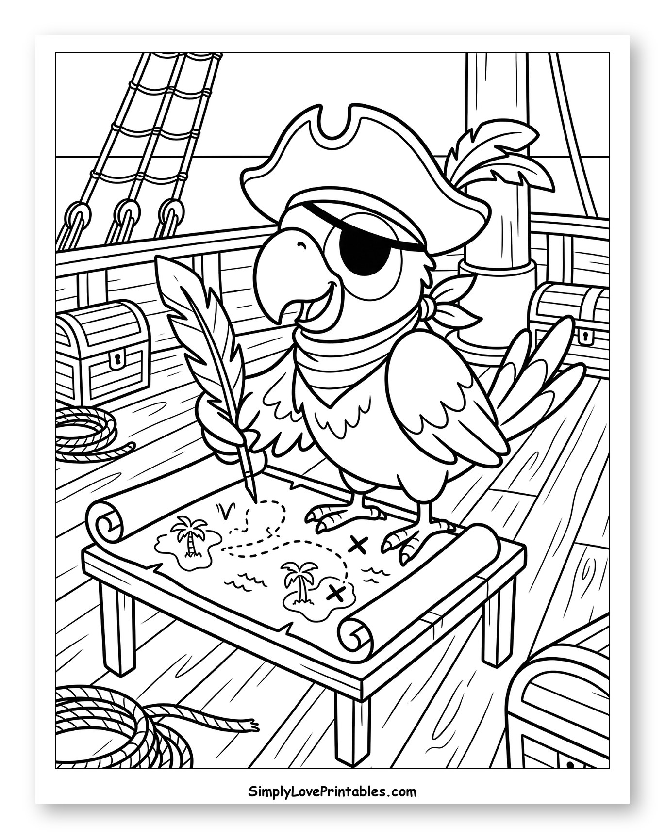 Happy Pirate Parrot with Quill and Map