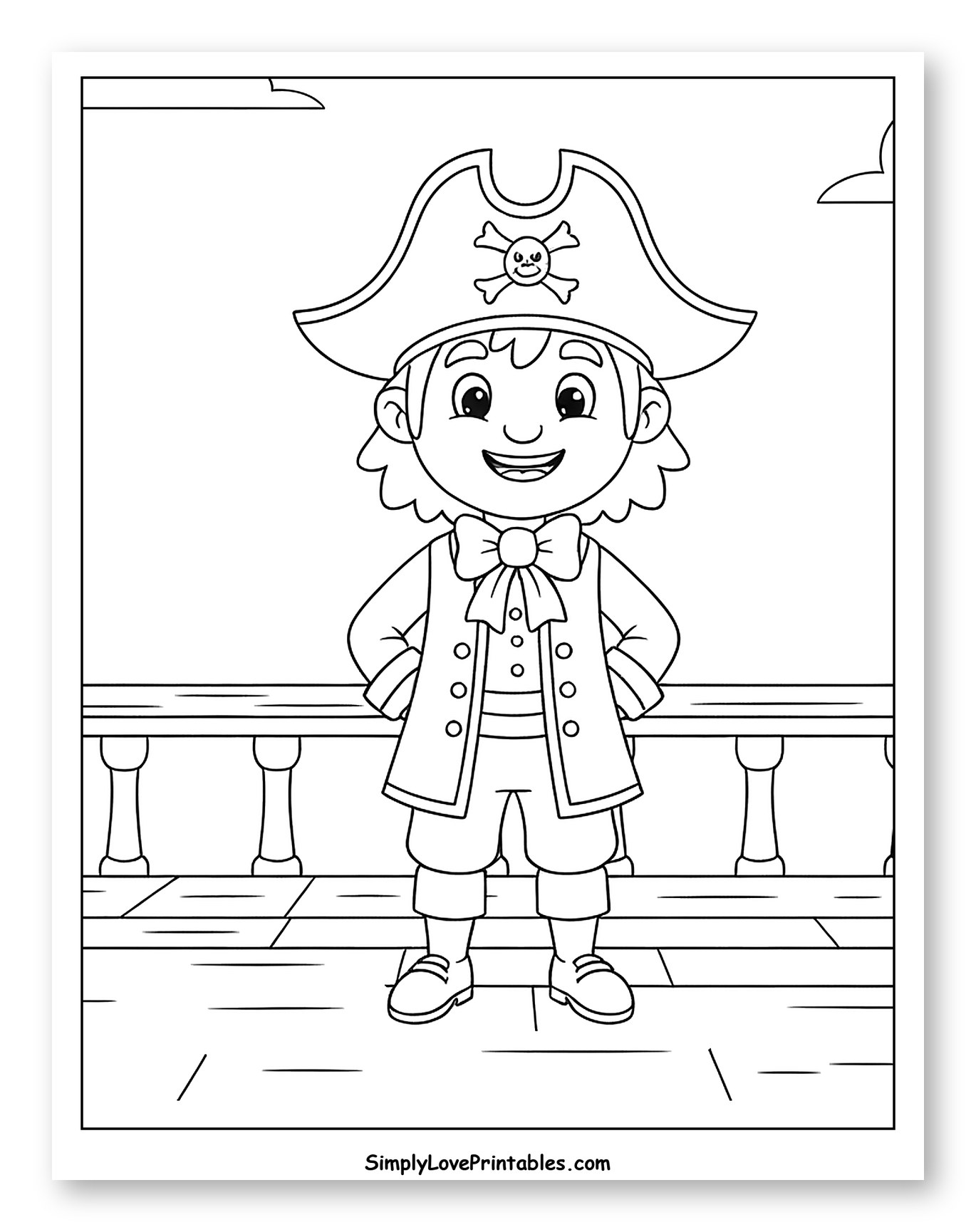 Happy Pirate with Bow Tie on Deck Coloring Page for Kids