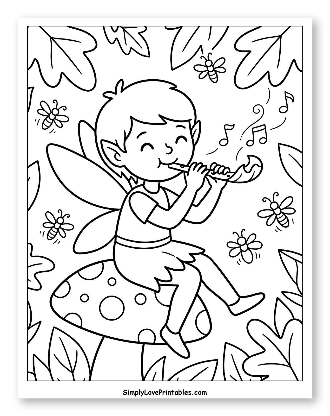 Happy Pixie Playing Flute on a Mushroom